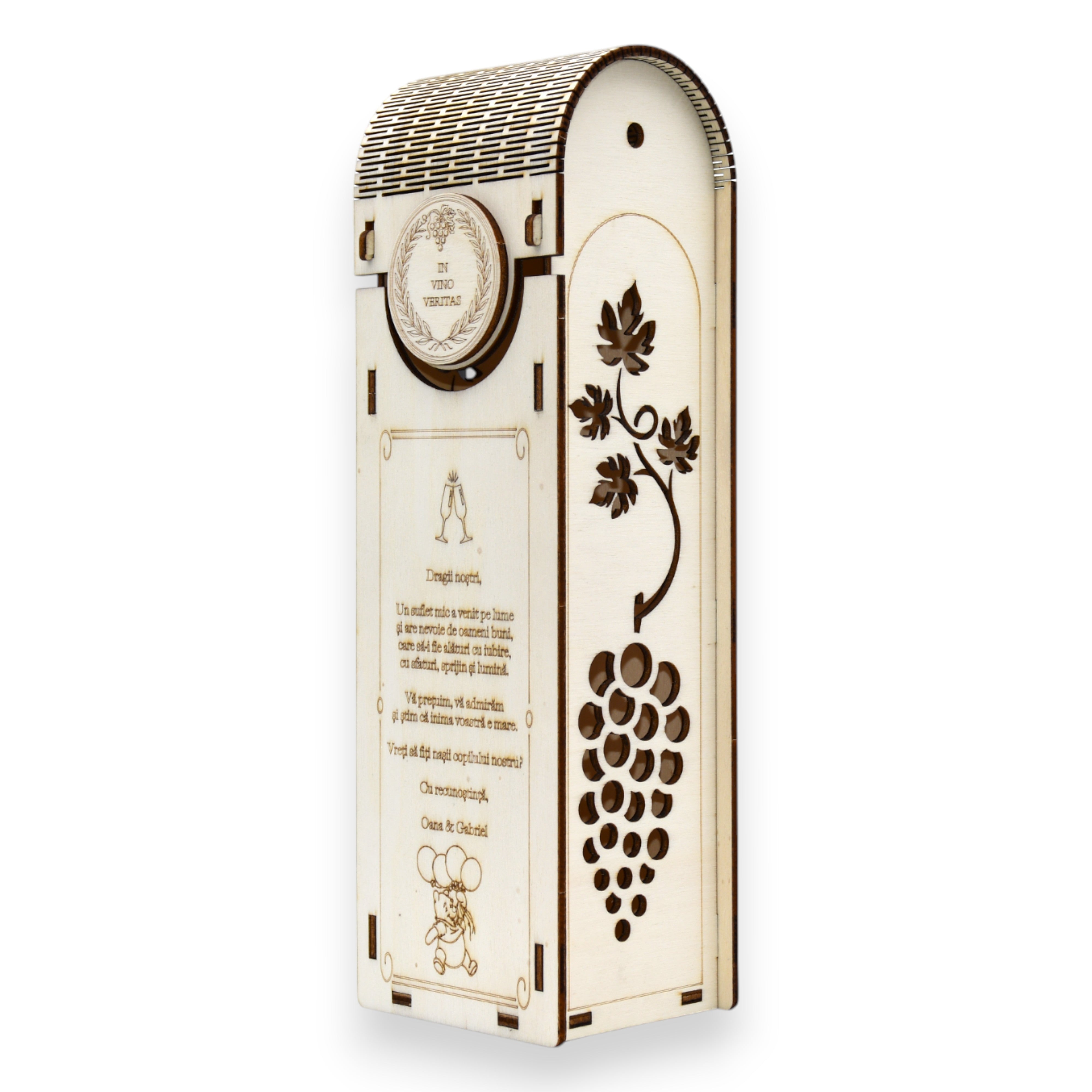 Cutie vin din lemn cu decupaj artistic în formă de ciorchine de strugure, design rustic elegant, ideală pentru cadou personalizat