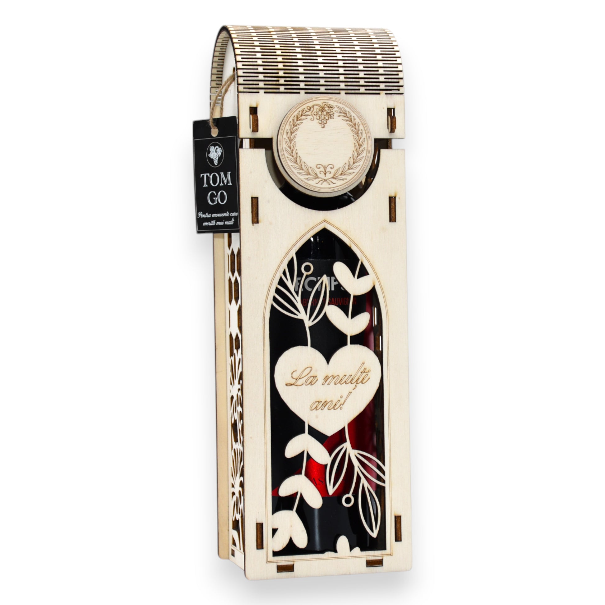 Ambalaj vin din lemn cu model natură, gravură „La mulți ani!”, design elegant cu fagure și frunze.