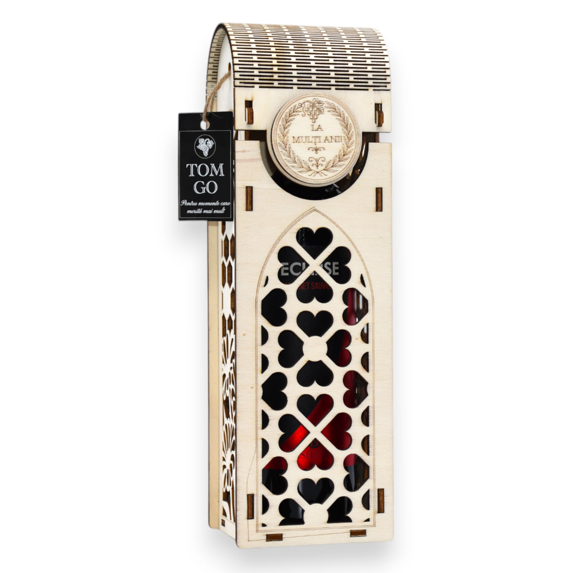 Cutie lemn pentru vin, model inimioare, capac arcuit, gravură „La mulți ani”, ideală pentru cadouri personalizate.
