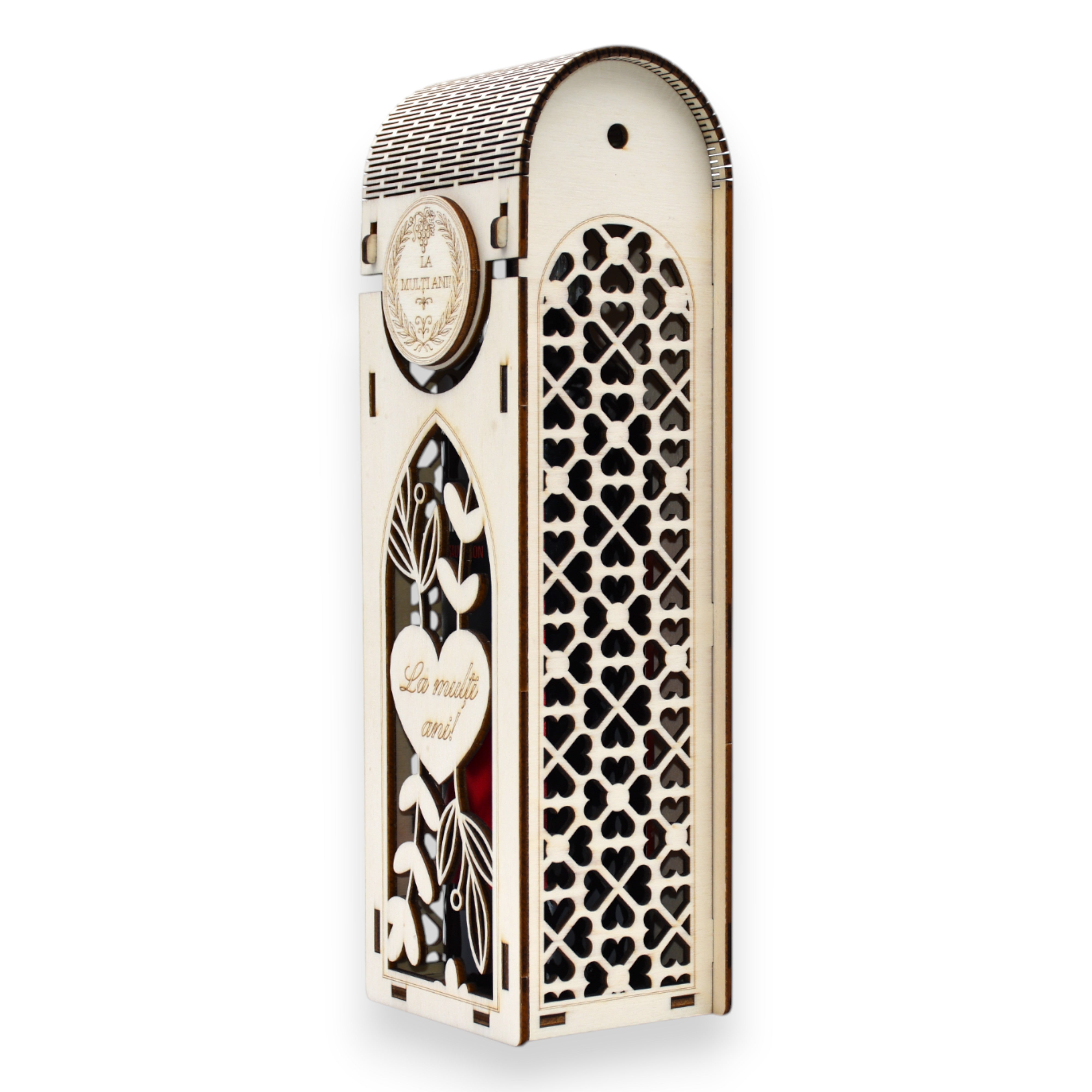 Cutie vin din lemn cu model floral și inimă gravată „La mulți ani”, decupaje laterale decorative
