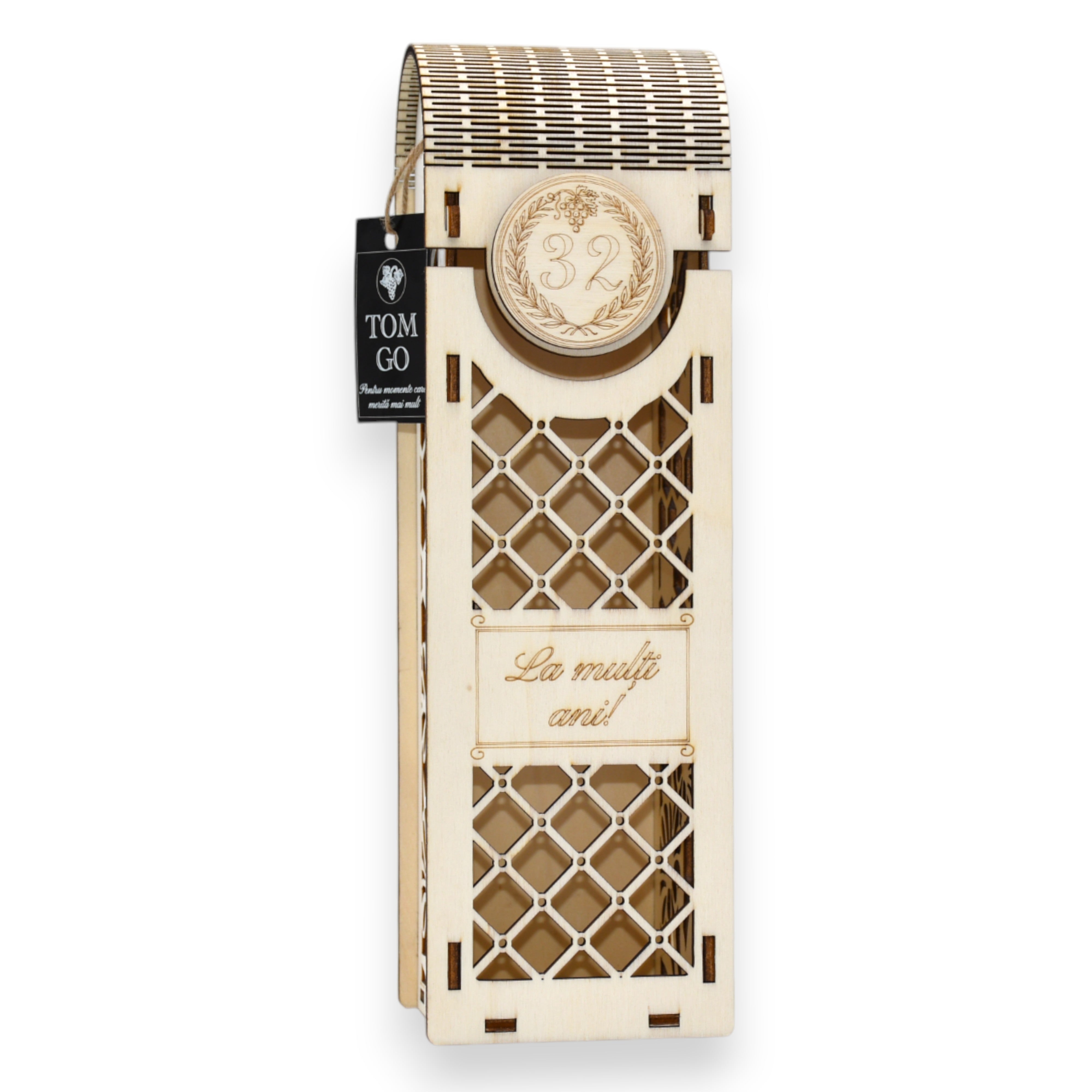 Cutie vin decorată cu model fagure și mesaj „La mulți ani!”, potrivită pentru ocazii festive.