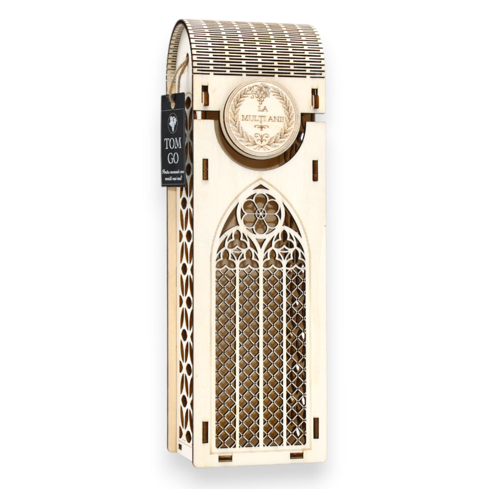 Cutie din lemn de plop cu gravură și decupaj laser, design elegant pentru sticlă de vin