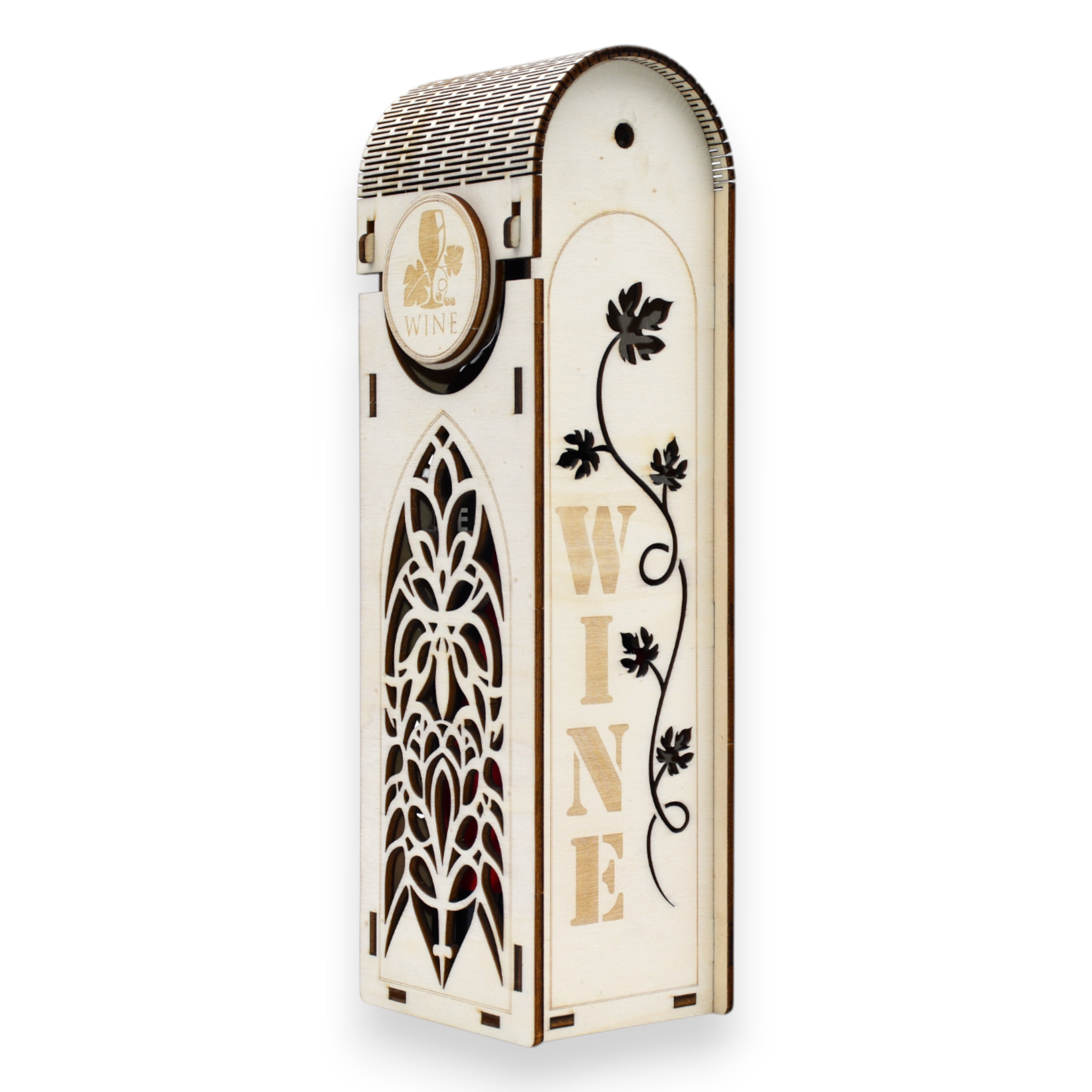 Cutie sticlă vin din lemn, capac arcuit, laturi gravate și motiv floral gotic cu text „WINE” decupat