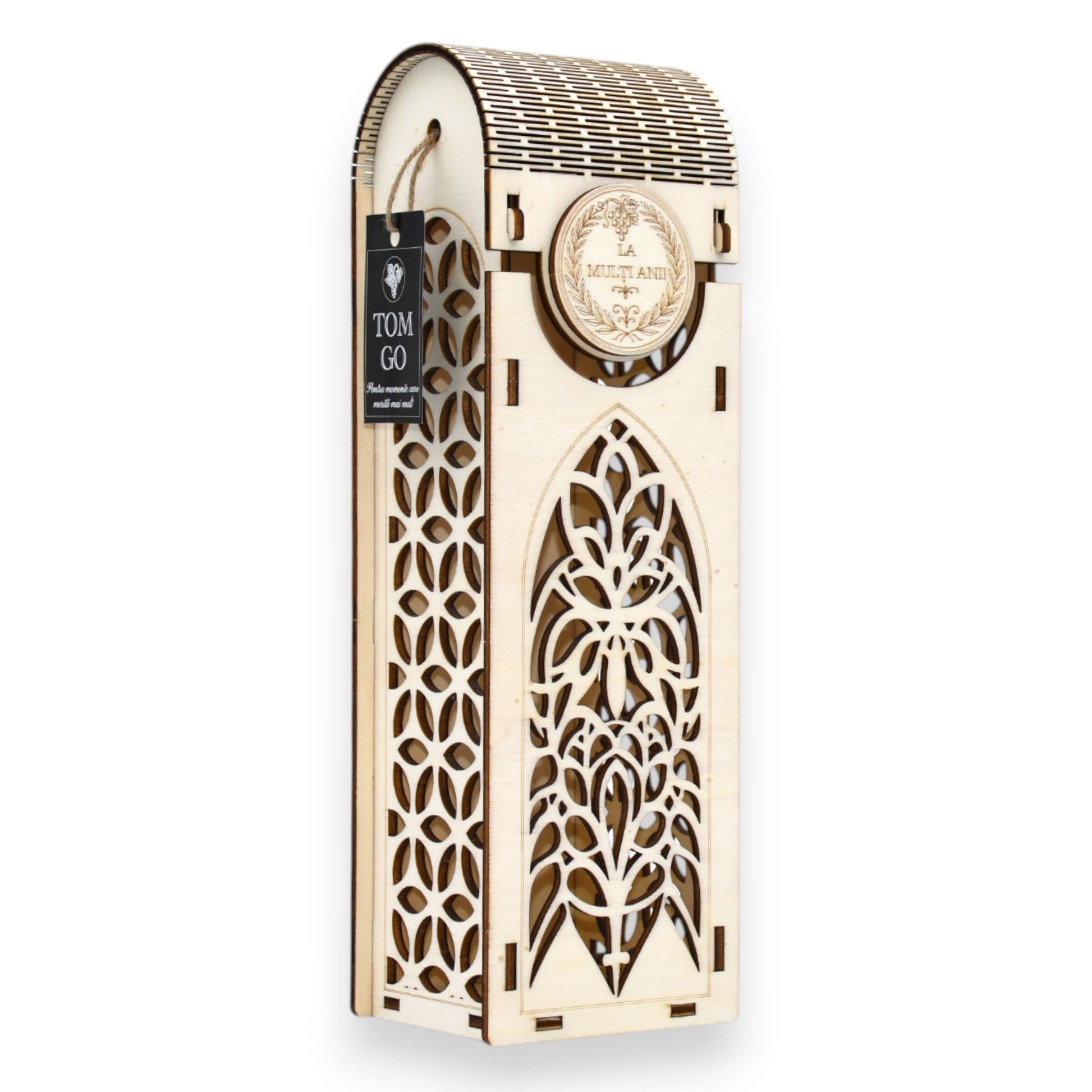 Ambalaj premium din lemn „La Mulți Ani” cu vitraliu gotic și laterale cu model floral