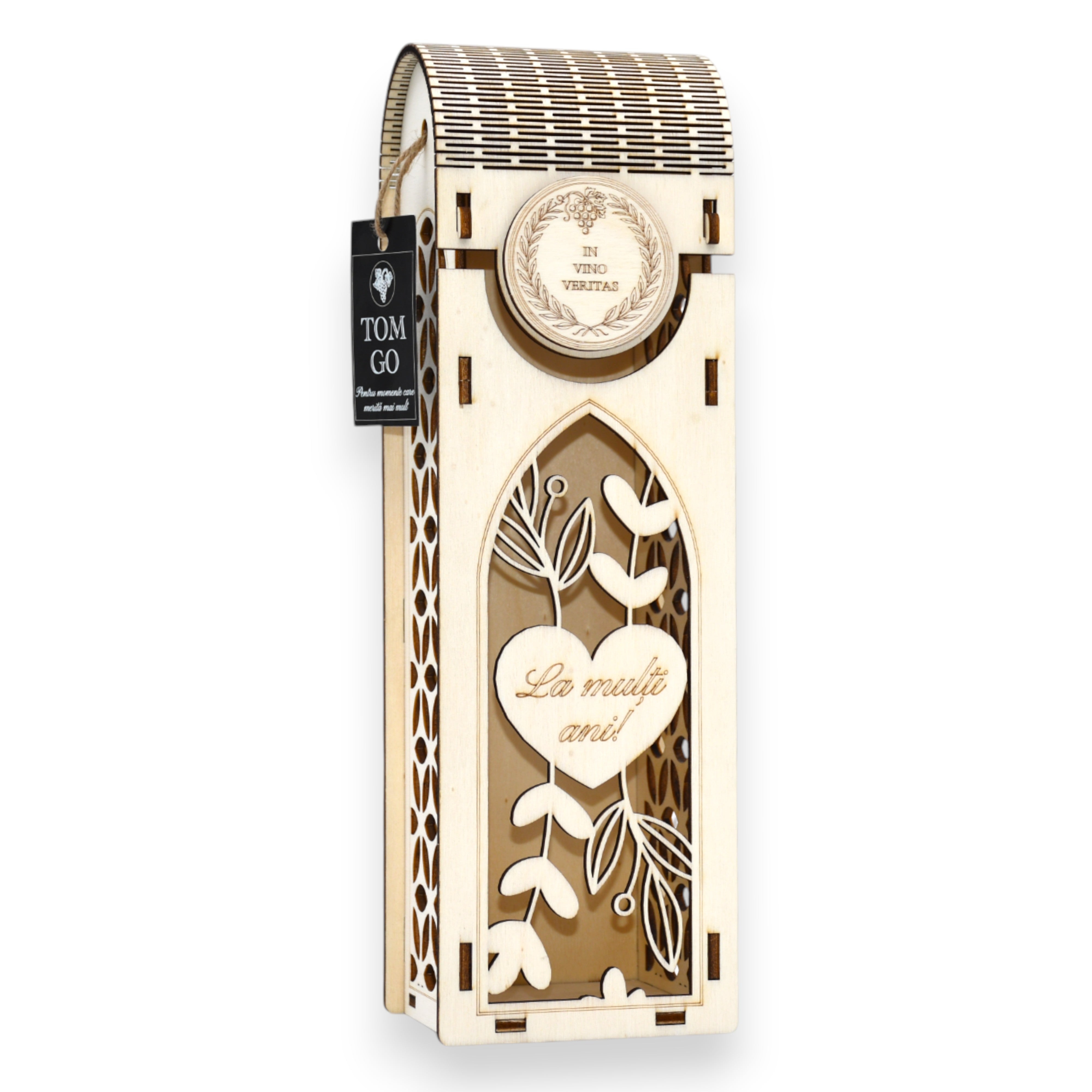 Ambalaj vin personalizat din lemn cu mesaj „La mulți ani!”, design floral geometric decupat cu laser.