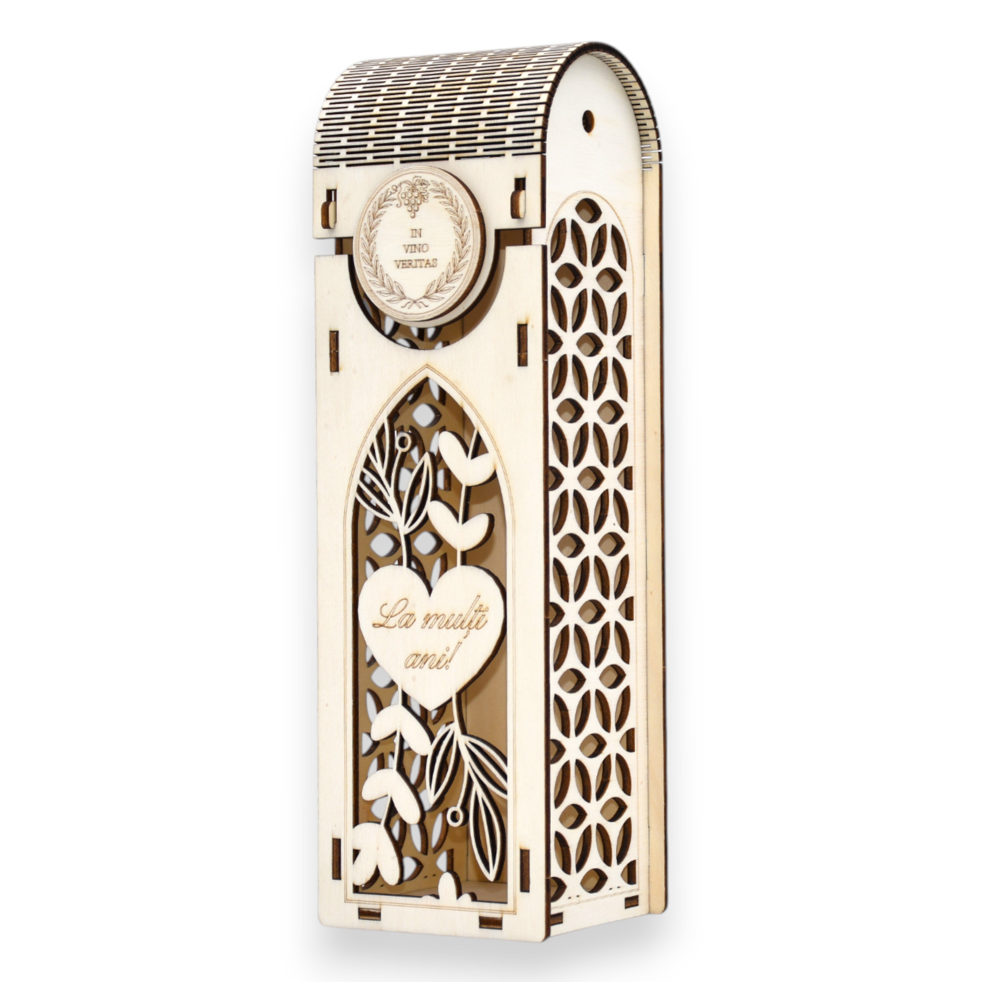 Cutie vin din lemn cu model floral geometric, mesaj gravat „La mulți ani!”, finisaj natural, cadou elegant.