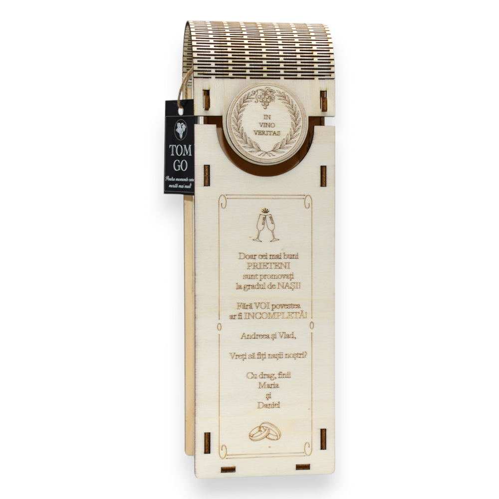 Cutie elegantă din lemn pentru propunere nași cununie, model ciorchine struguri și mesaj personalizat.