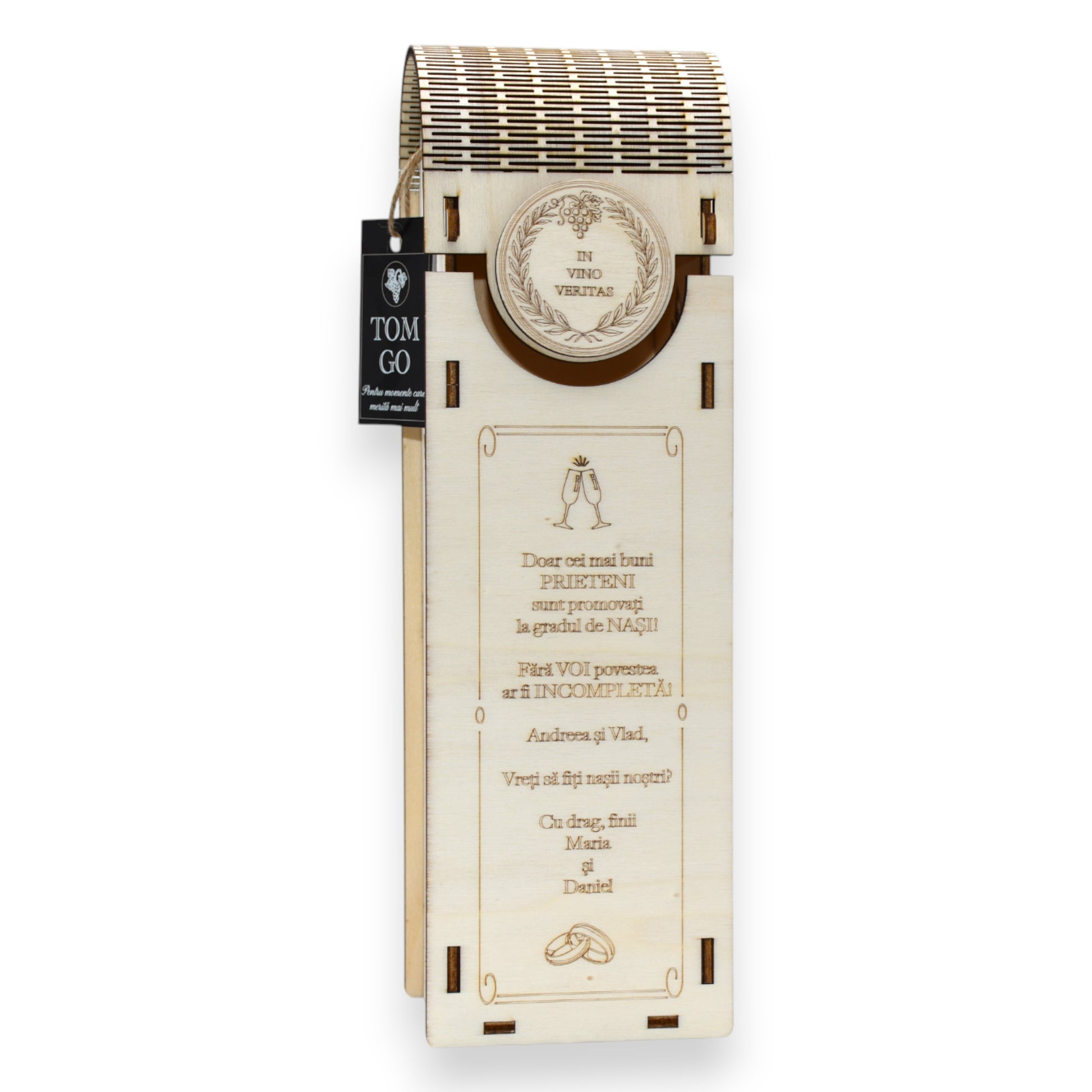 Cutie elegantă din lemn pentru propunere nași cununie, model ciorchine struguri și mesaj personalizat.
