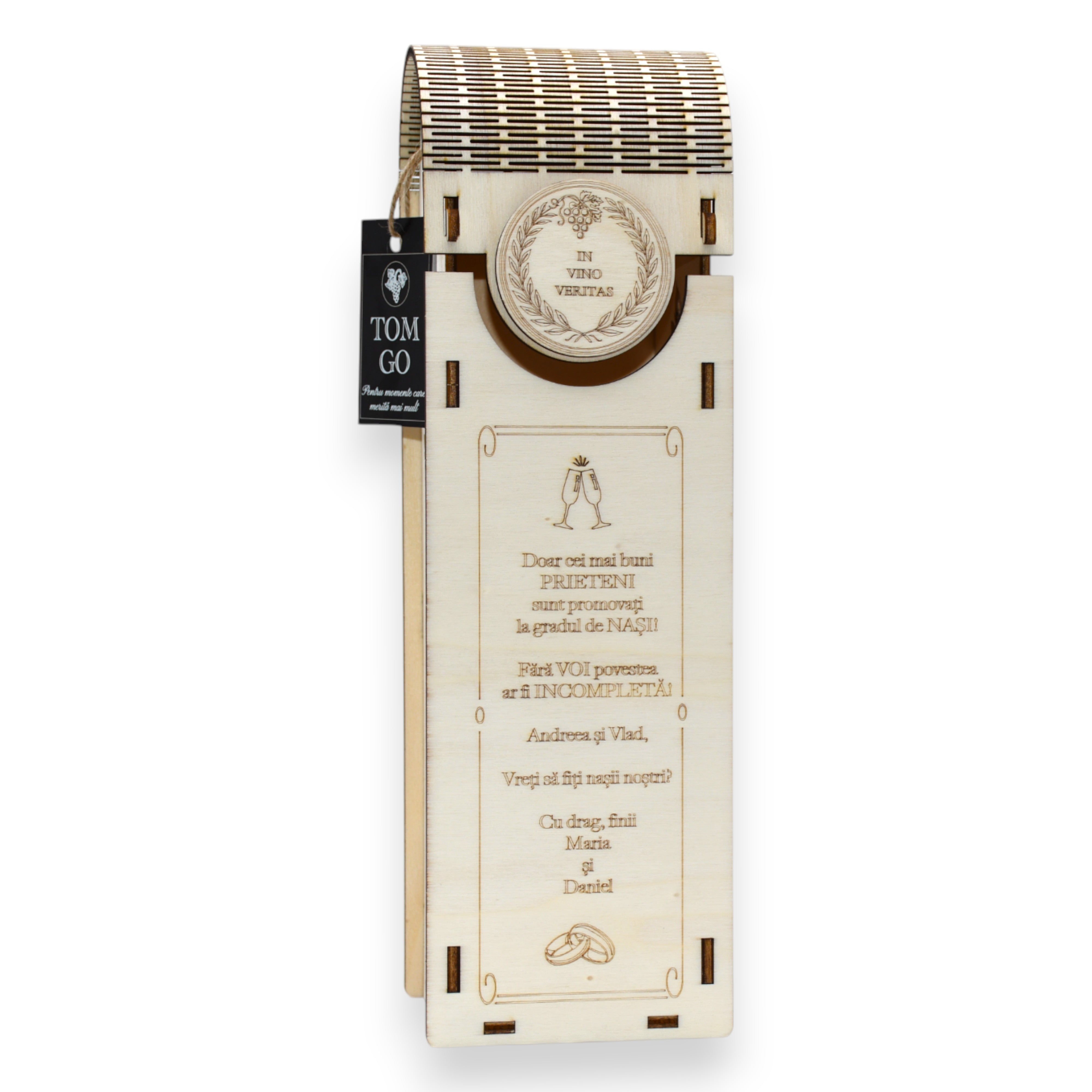 Cutie elegantă din lemn pentru propunere nași cununie, model ciorchine struguri și mesaj personalizat.