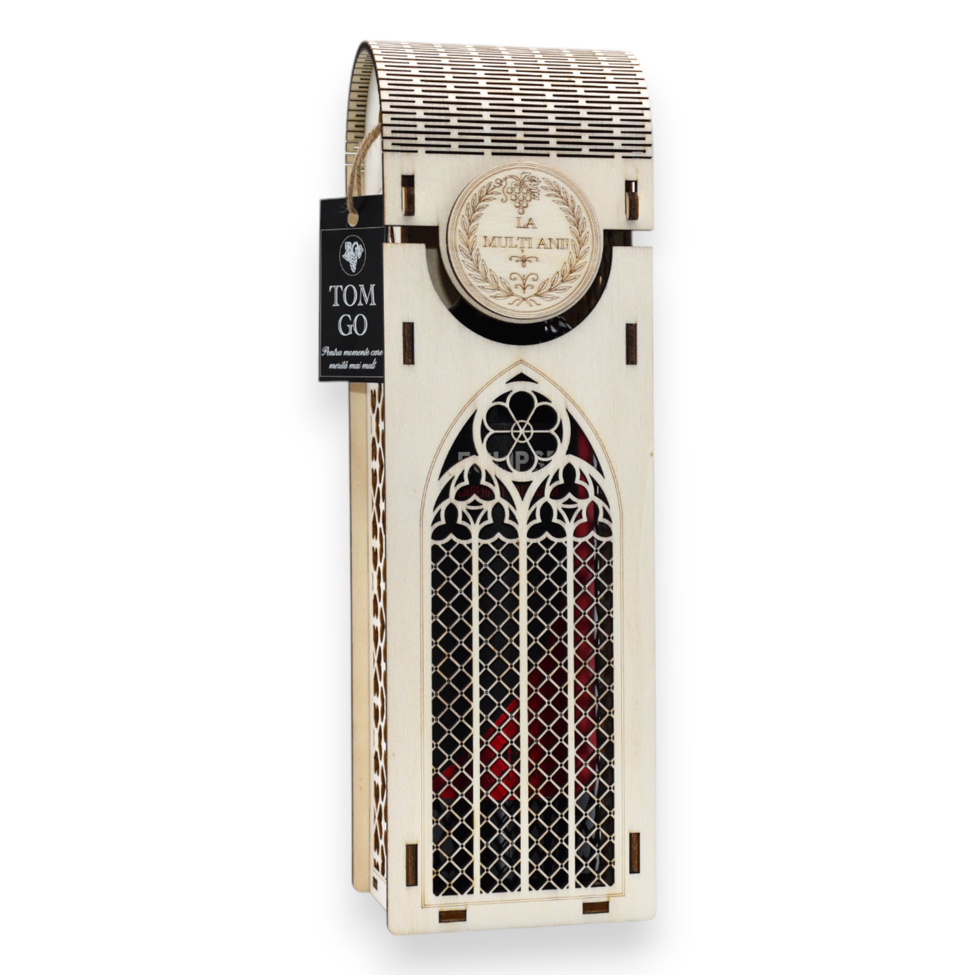 Cutie lemn vin aniversară cu capac rotunjit și design decorativ gotic și floral
