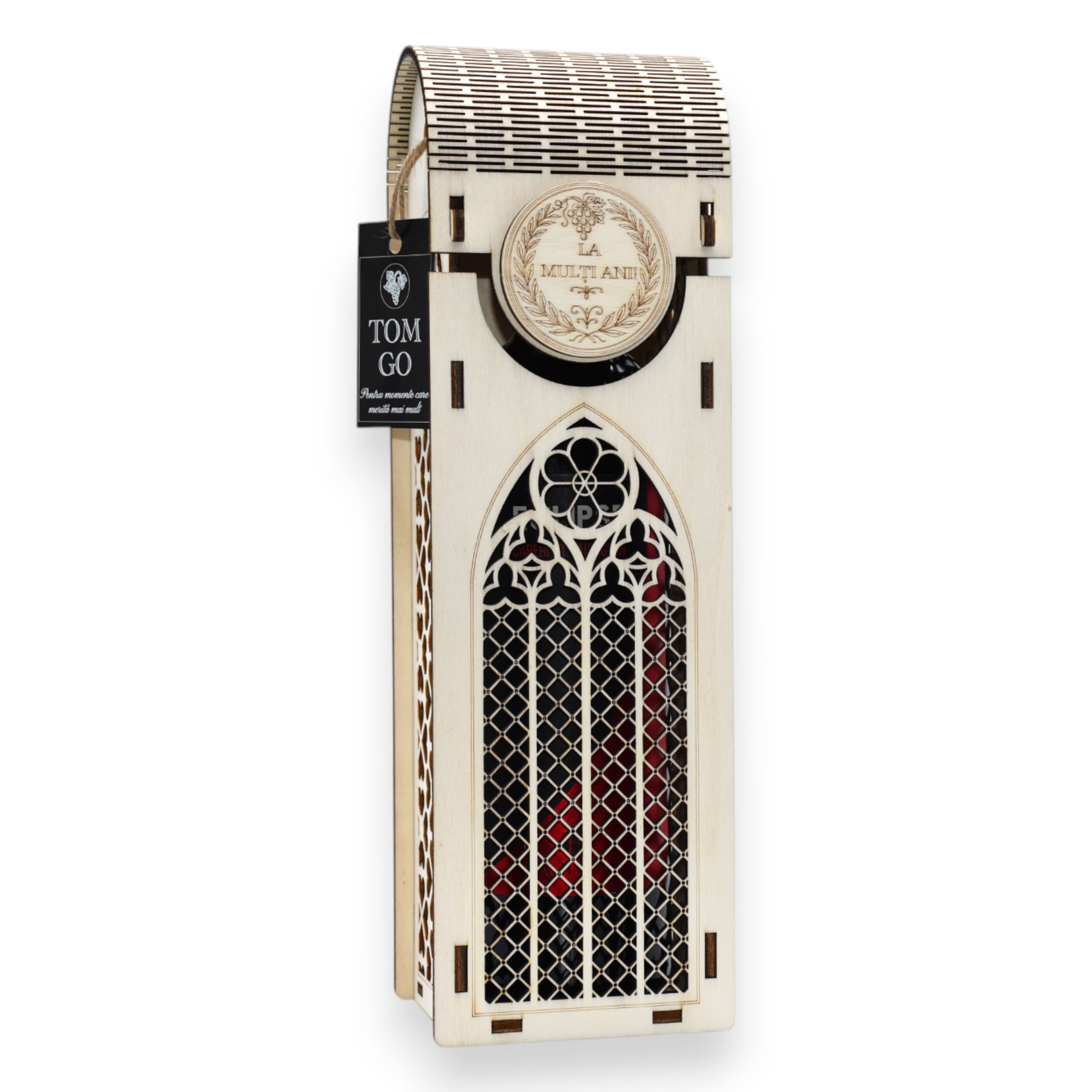 Cutie lemn vin aniversară cu capac rotunjit și design decorativ gotic și floral