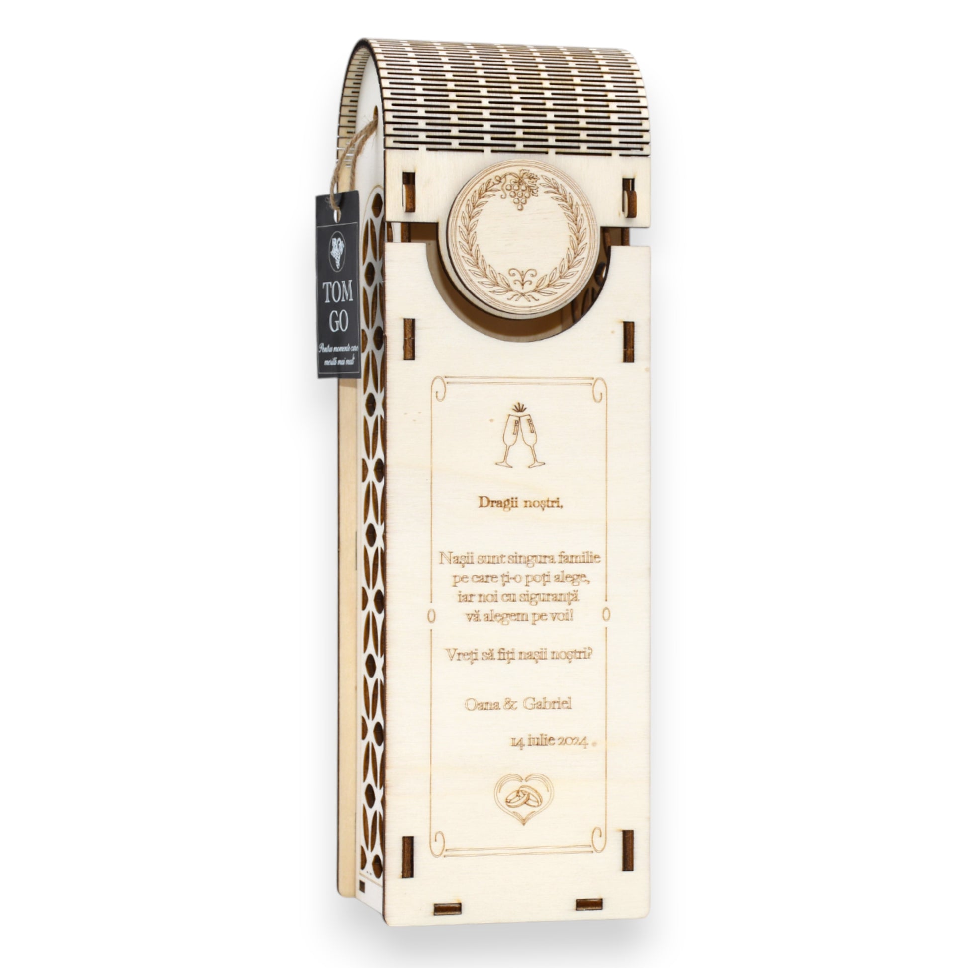 Cutie vin din lemn, model floral, personalizată cu text emoțional pentru propunere nași.
