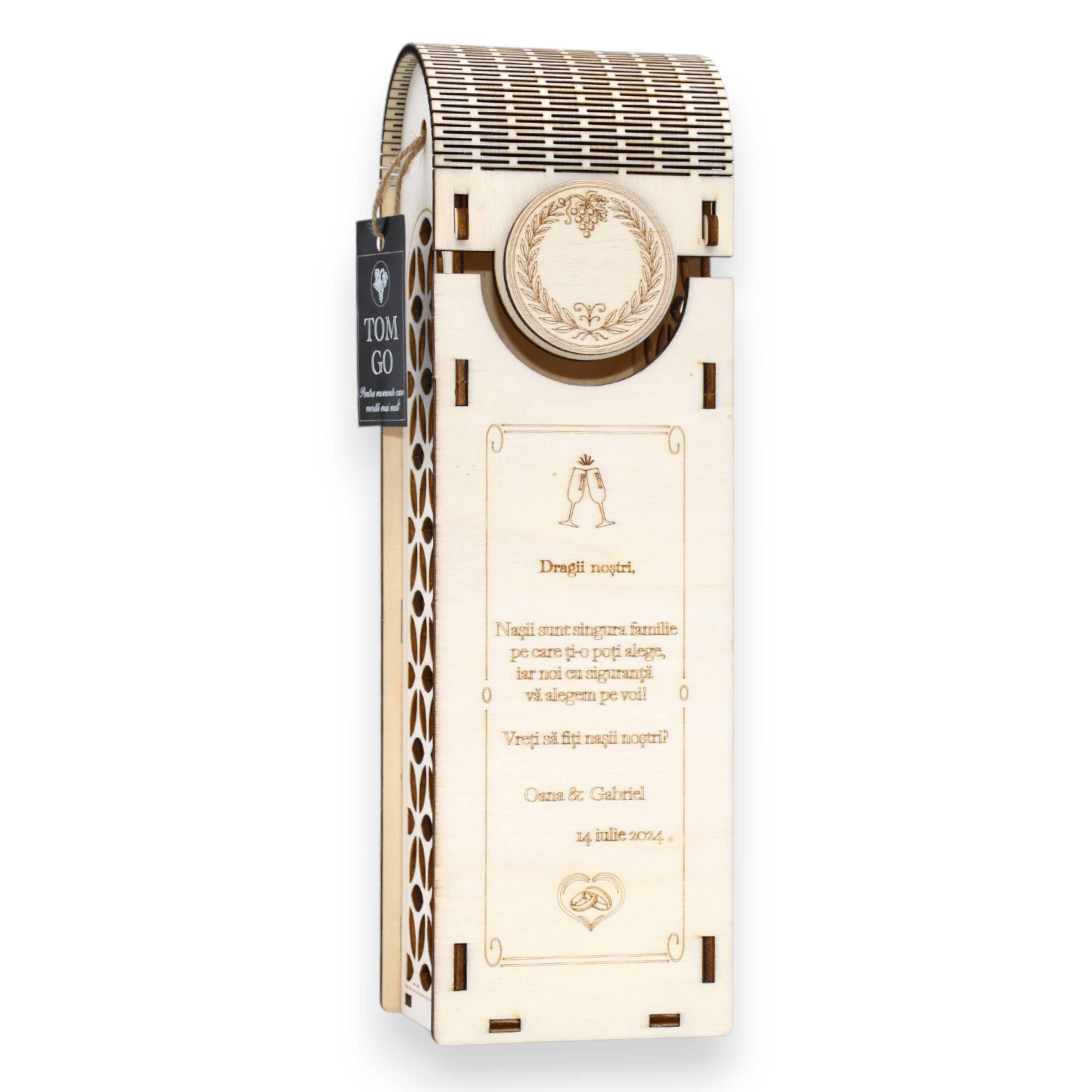 Cutie vin din lemn, model floral, personalizată cu text emoțional pentru propunere nași.