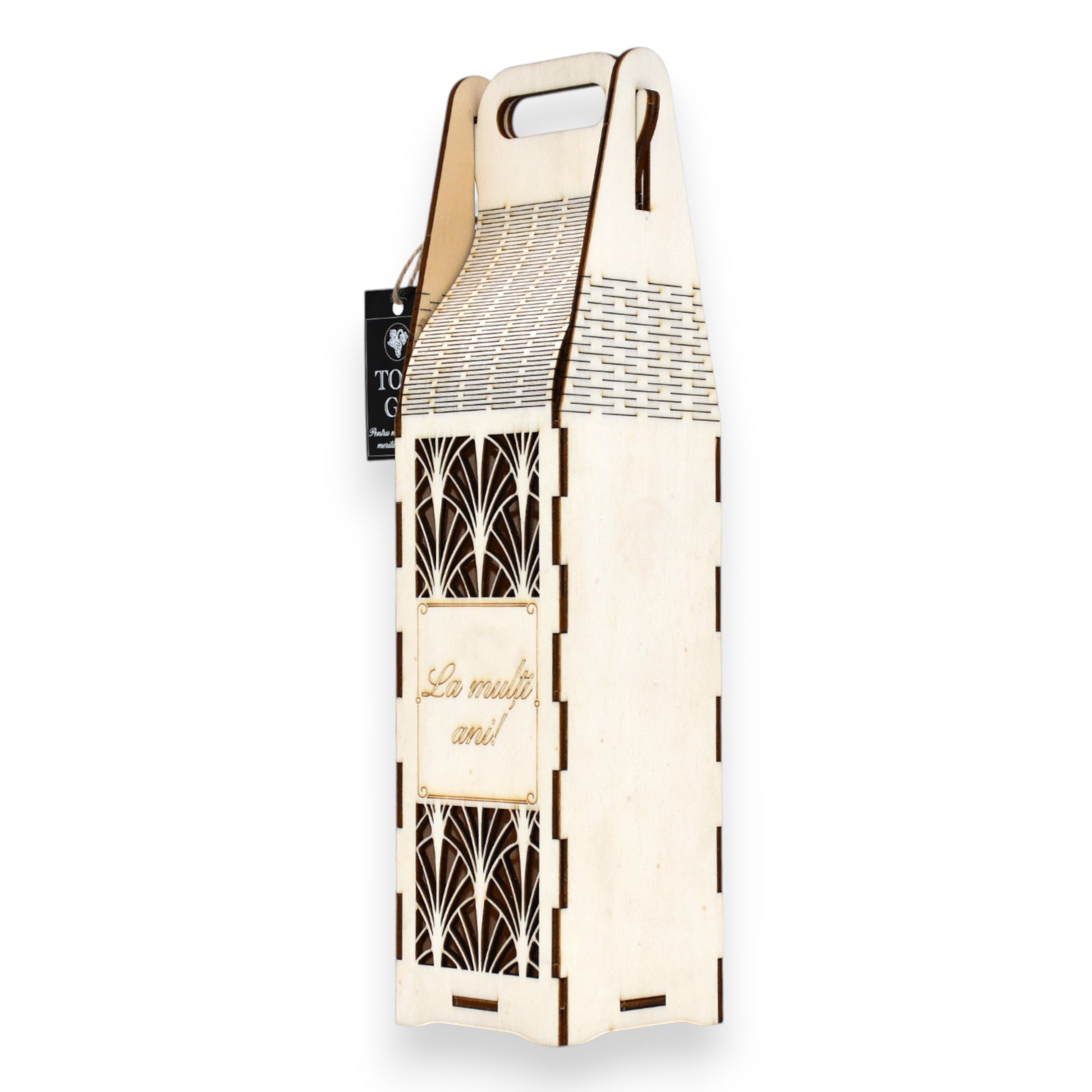 Cutie vin cu mâner decupat, design geometric stilizat și mesaj gravat „La mulți ani”