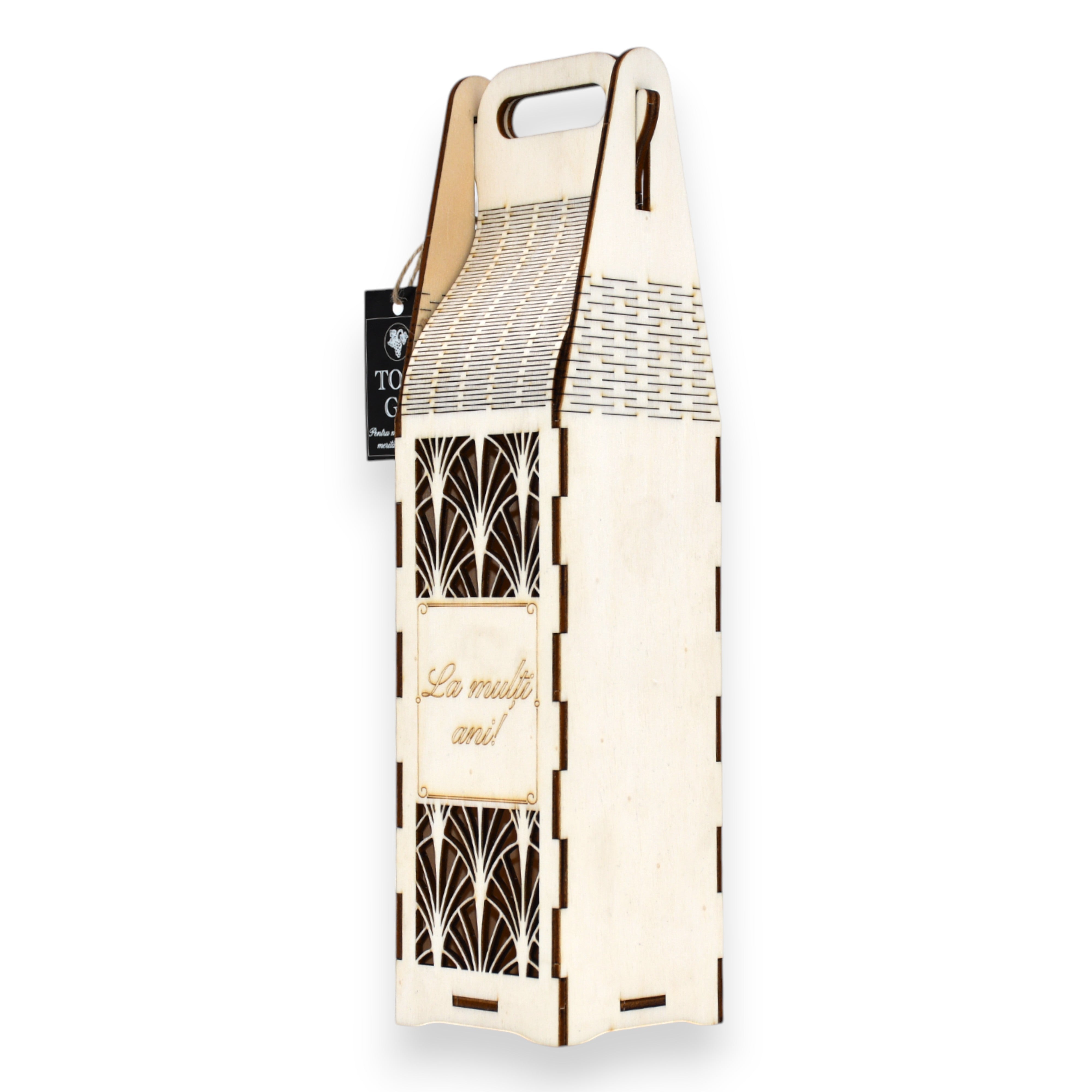 Cutie vin cu mâner decupat, design geometric stilizat și mesaj gravat „La mulți ani”