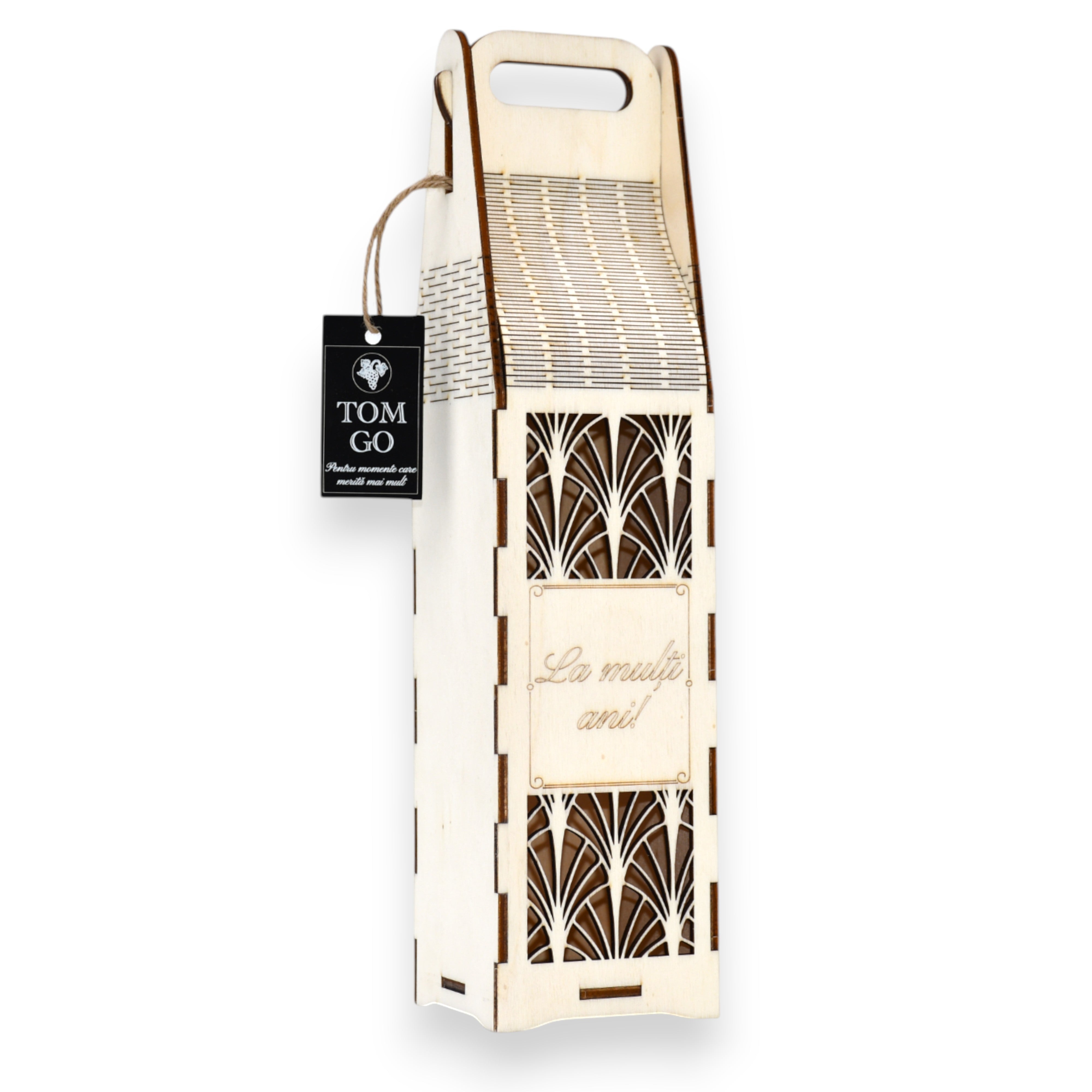 Cutie cadou vin din lemn gravat „La mulți ani”, cu model decorativ tip evantai