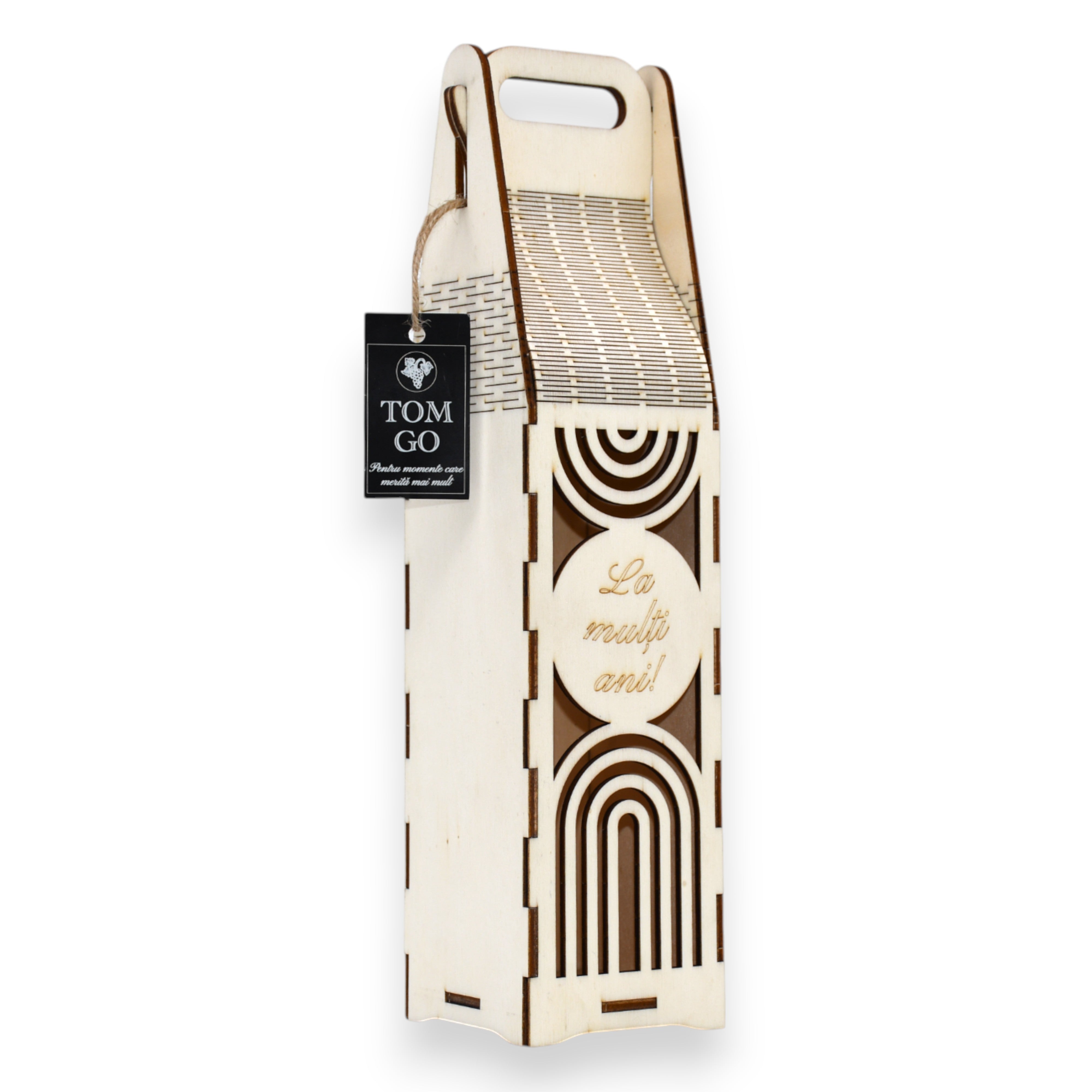 Cutie vin cu mâner și design concentric decupat, mesaj gravat „La mulți ani” – stil modern și festiv