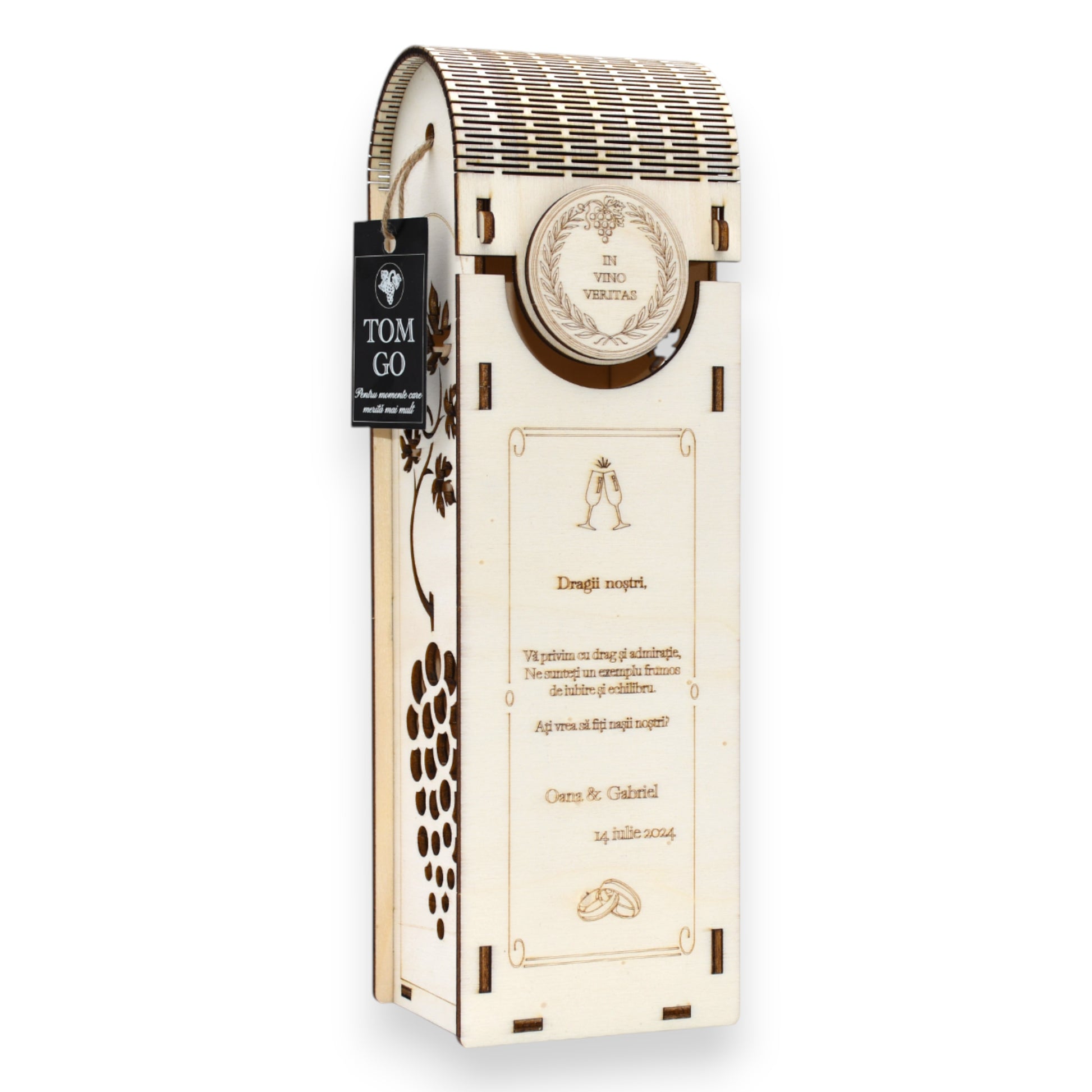 Cutie lemn gravată cu mesaj personalizat pentru invitația viitorilor nași de cununie, model struguri.