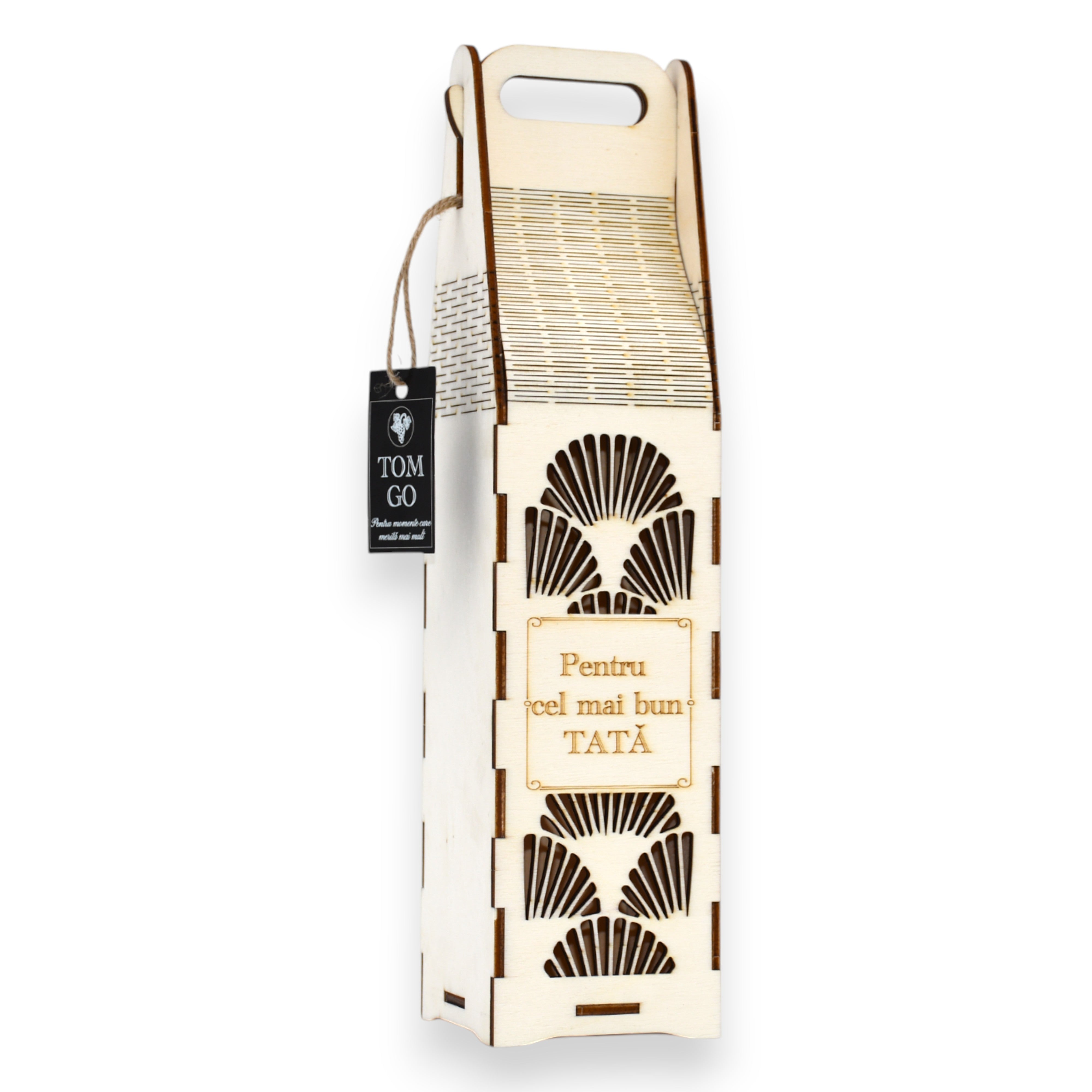 Cutie lemn gravată „Pentru cel mai bun tată”, model decupat elegant, ideală pentru cadouri.