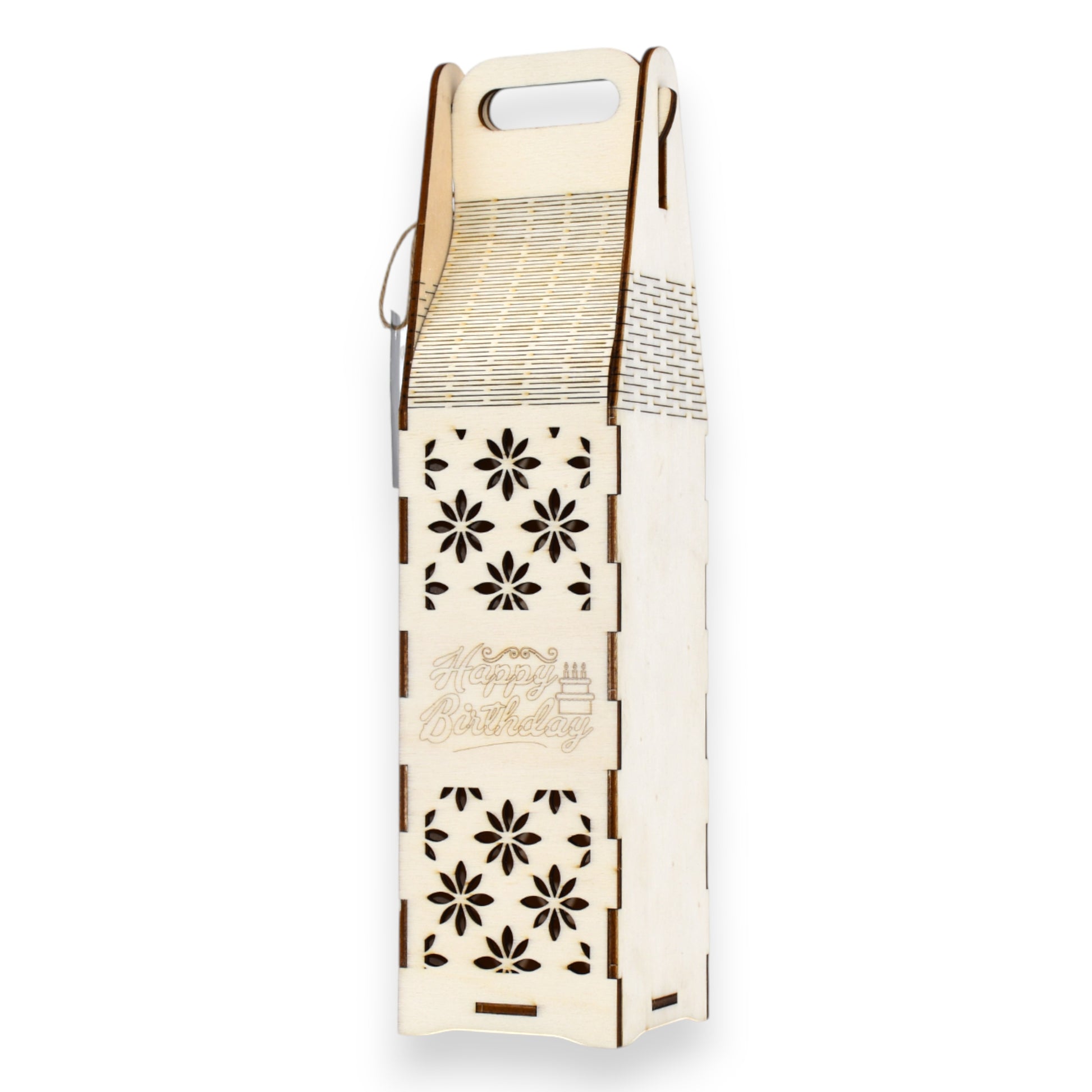 Cutie de vin aniversară din lemn cu text „Happy Birthday”, model floral decupat și mâner pentru transport