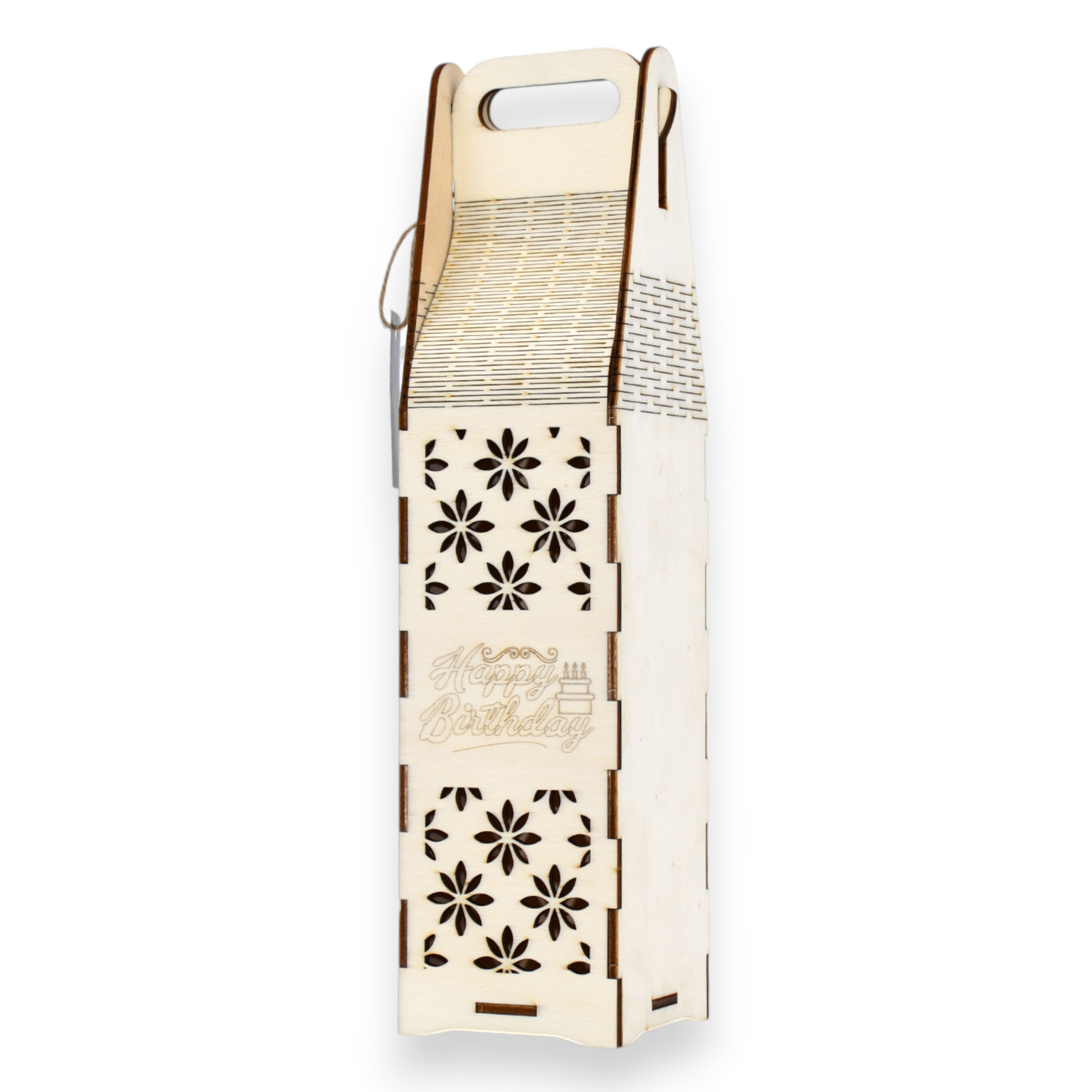 Cutie de vin aniversară din lemn cu text „Happy Birthday”, model floral decupat și mâner pentru transport