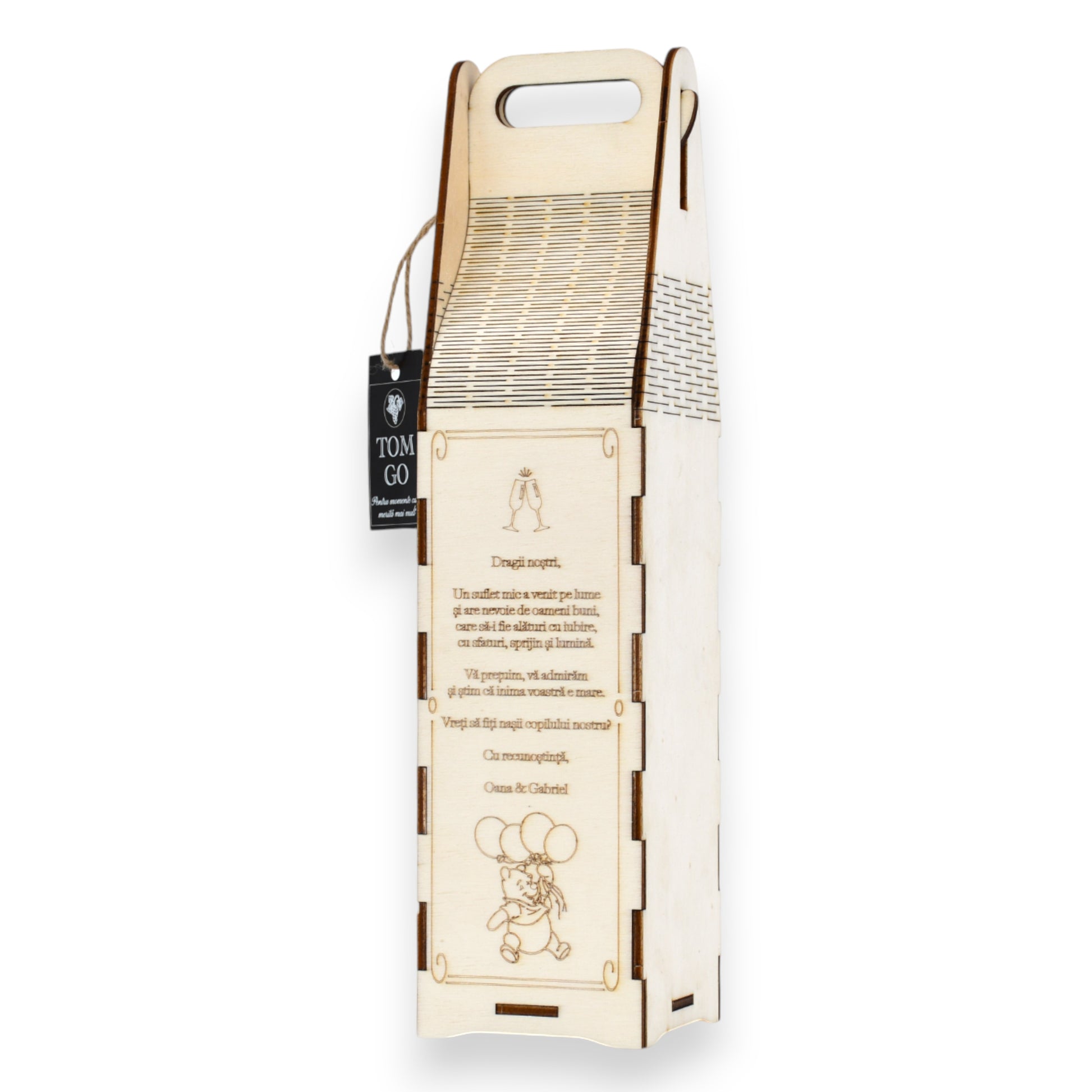 Ambalaj vin din lemn cu mesaj emoționant gravat, design special pentru nași.