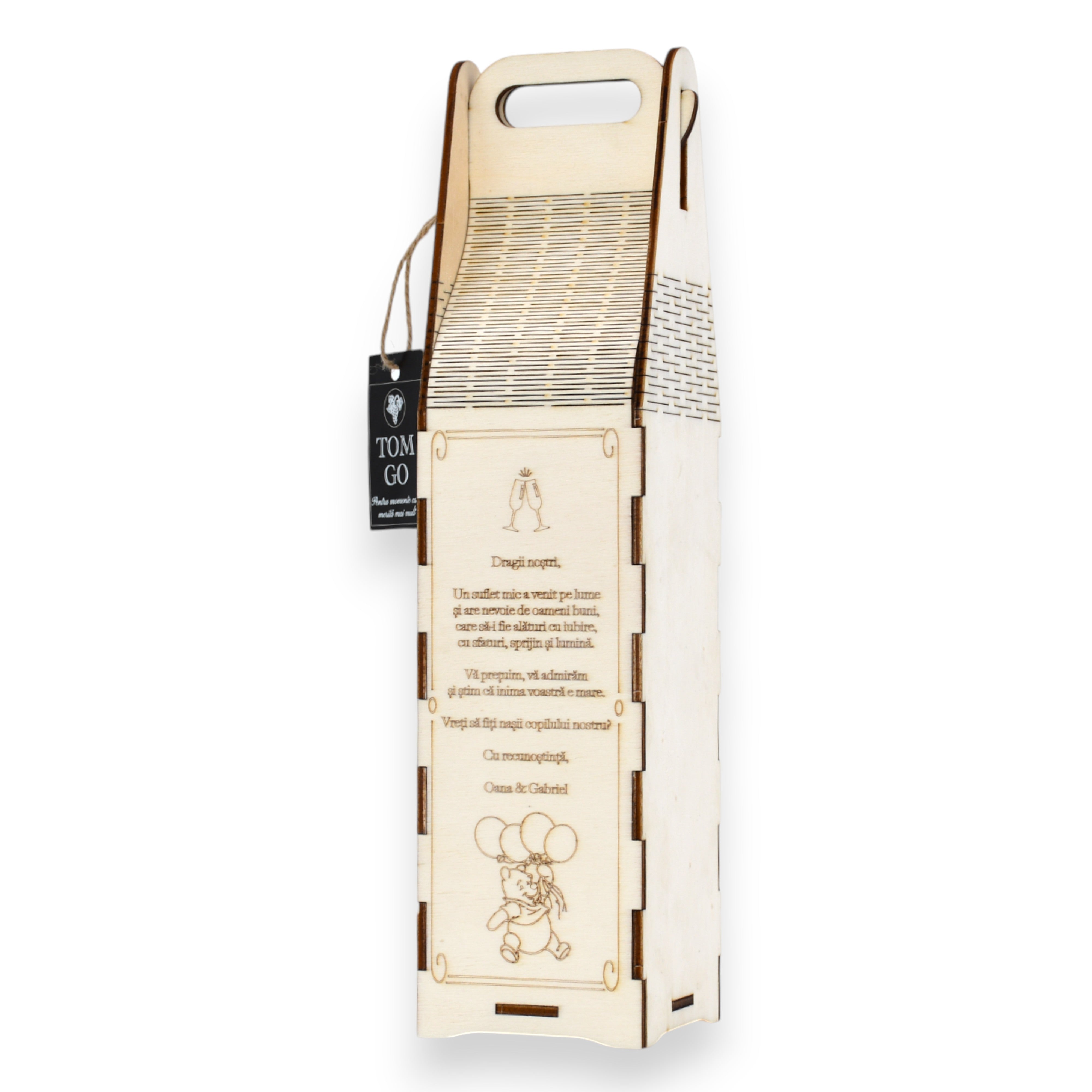 Ambalaj vin din lemn cu mesaj emoționant gravat, design special pentru nași.