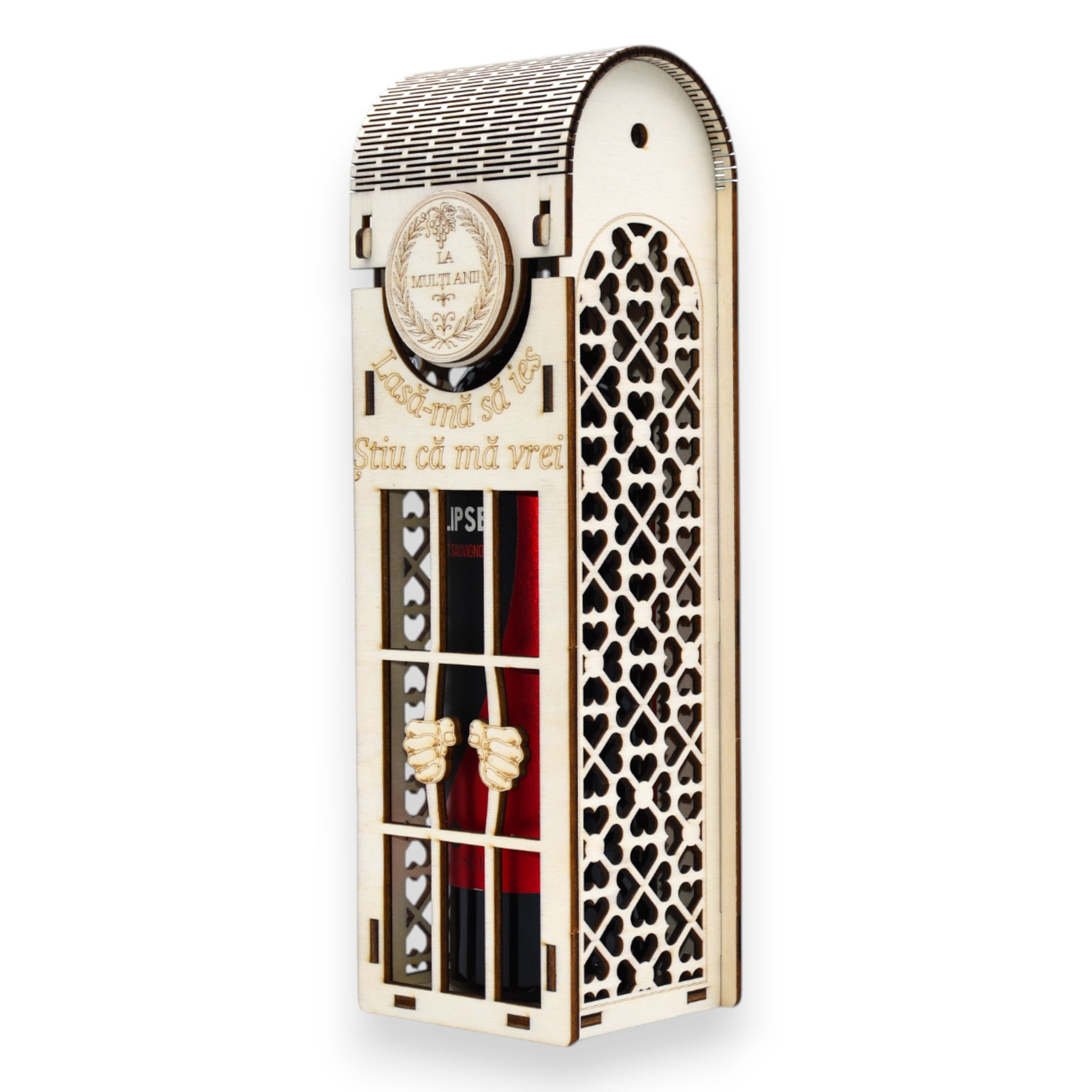Cutie premium pentru vin cu decupaje geometrice, capac curbat și detalii gravate.