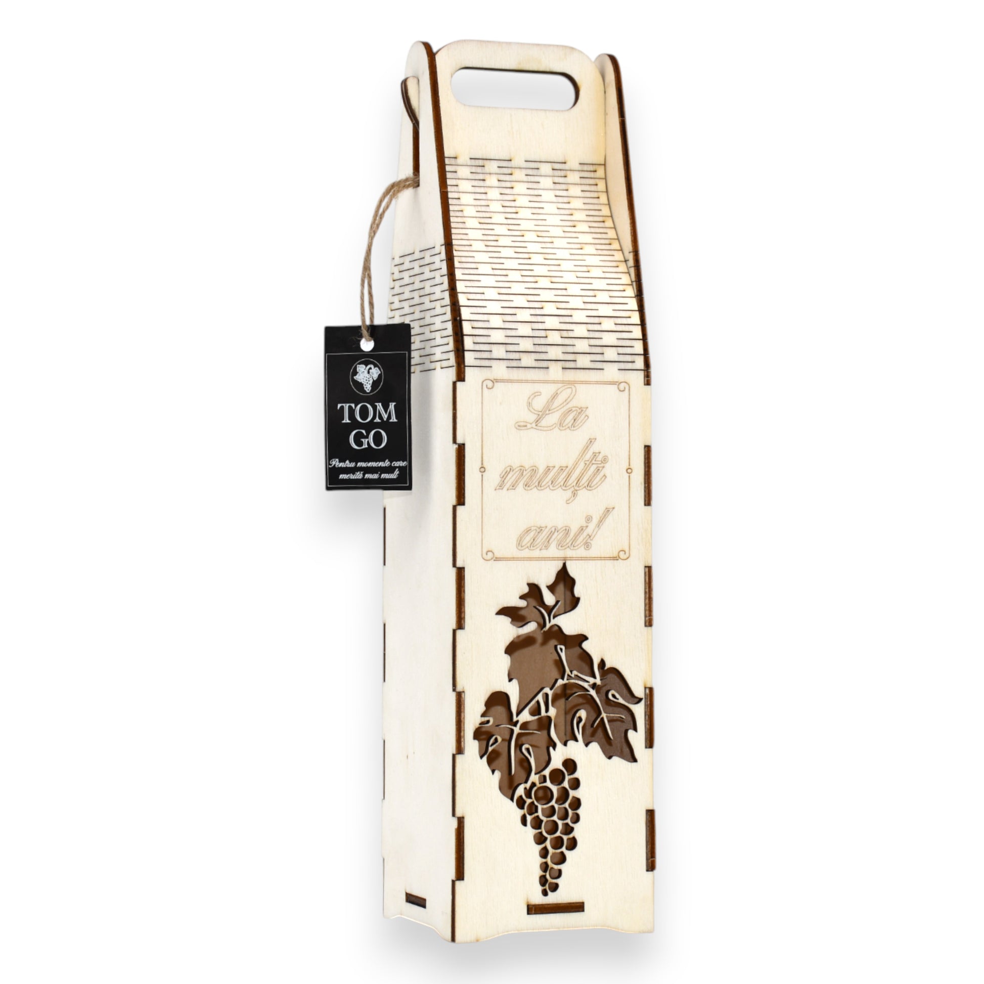 Ambalaj cadou din lemn cu mâner, gravură „La Mulți Ani” și decupaj struguri