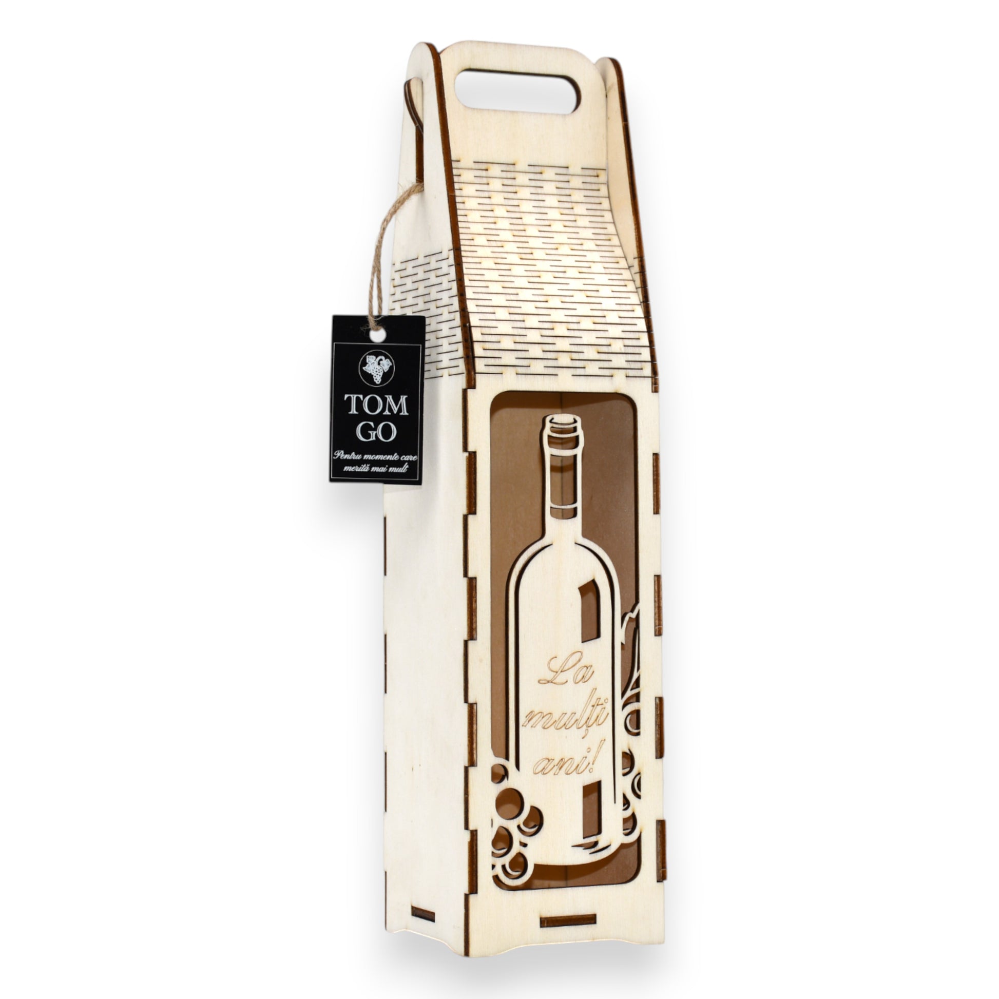 Ambalaj cadou din lemn, cu decupaj sticlă și struguri, mesaj „La Mulți Ani”