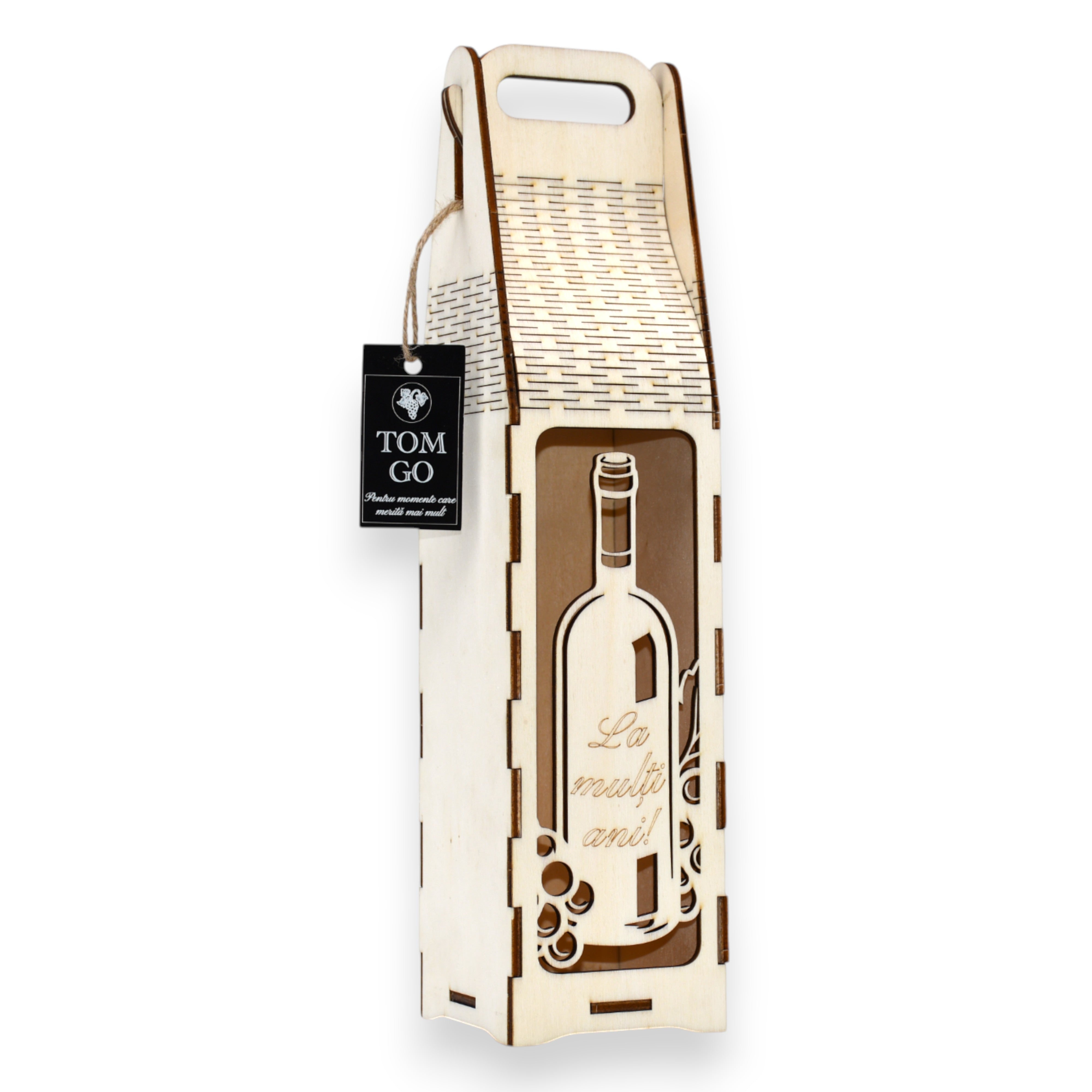 Ambalaj cadou din lemn, cu decupaj sticlă și struguri, mesaj „La Mulți Ani”