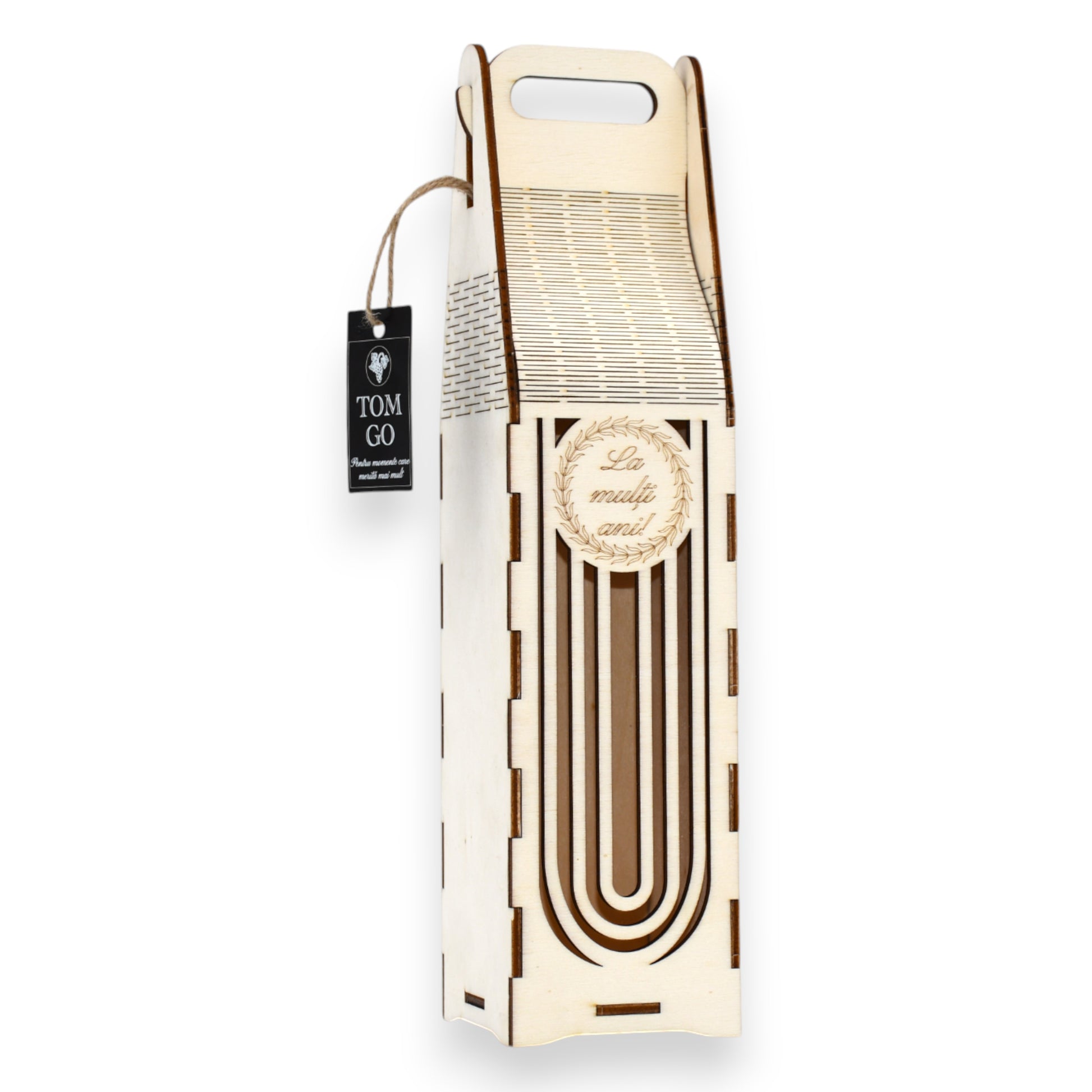 Cutie vin cu decupaj în arcade și mesaj gravat „La mulți ani” – design festiv cu mâner pentru transport ușor