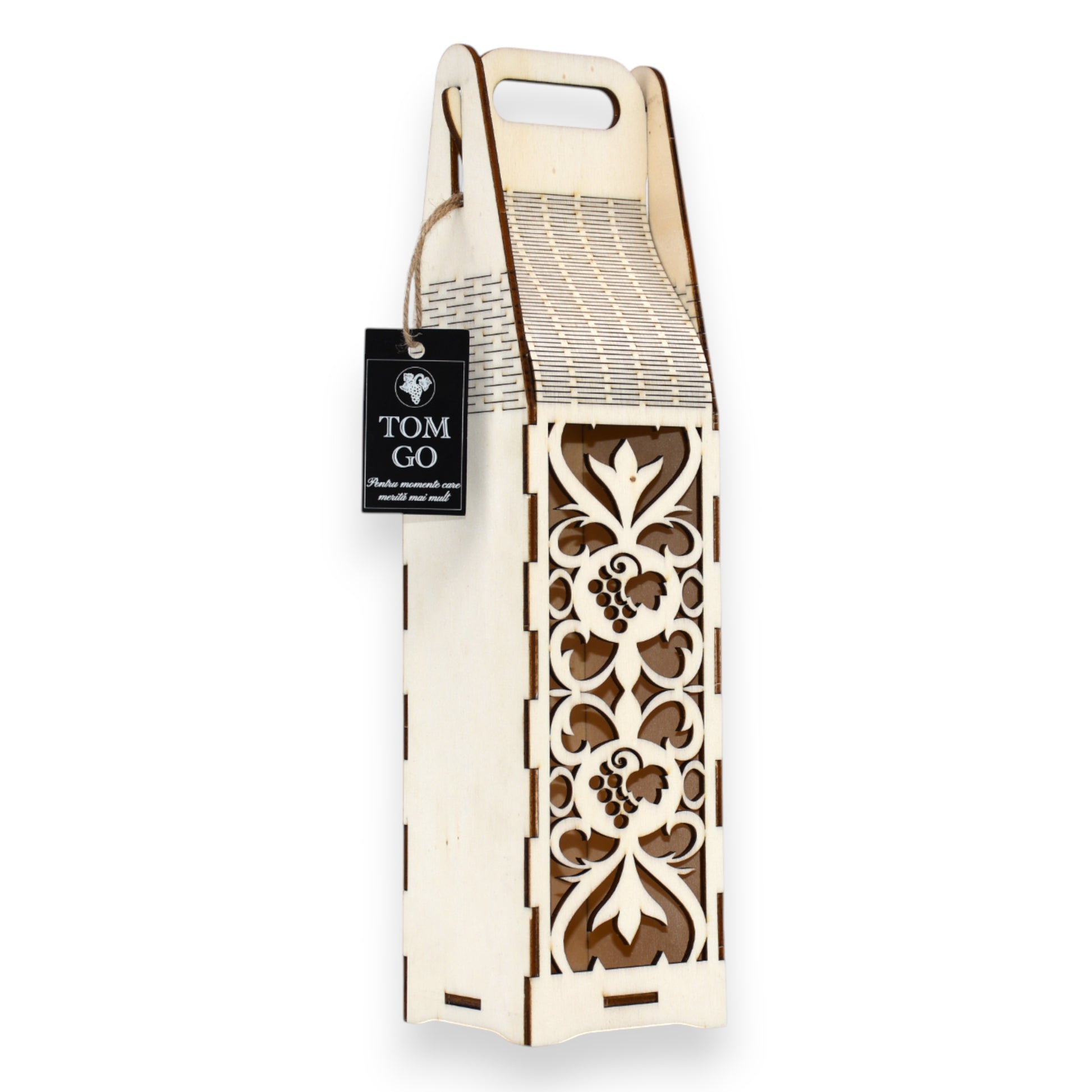 Ambalaj vin din lemn cu decupaje florale și de struguri, finisat manual.