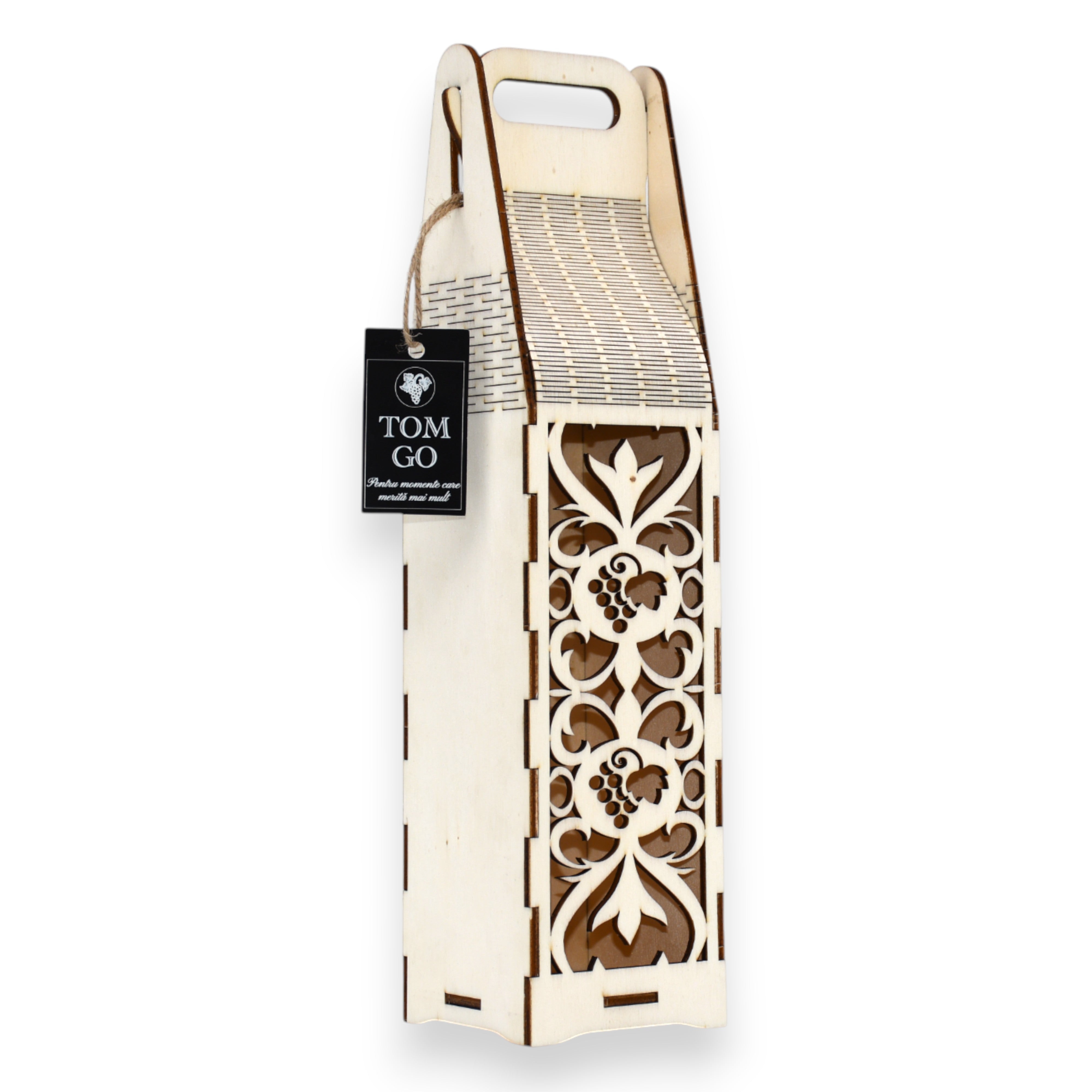 Ambalaj vin din lemn cu decupaje florale și de struguri, finisat manual.