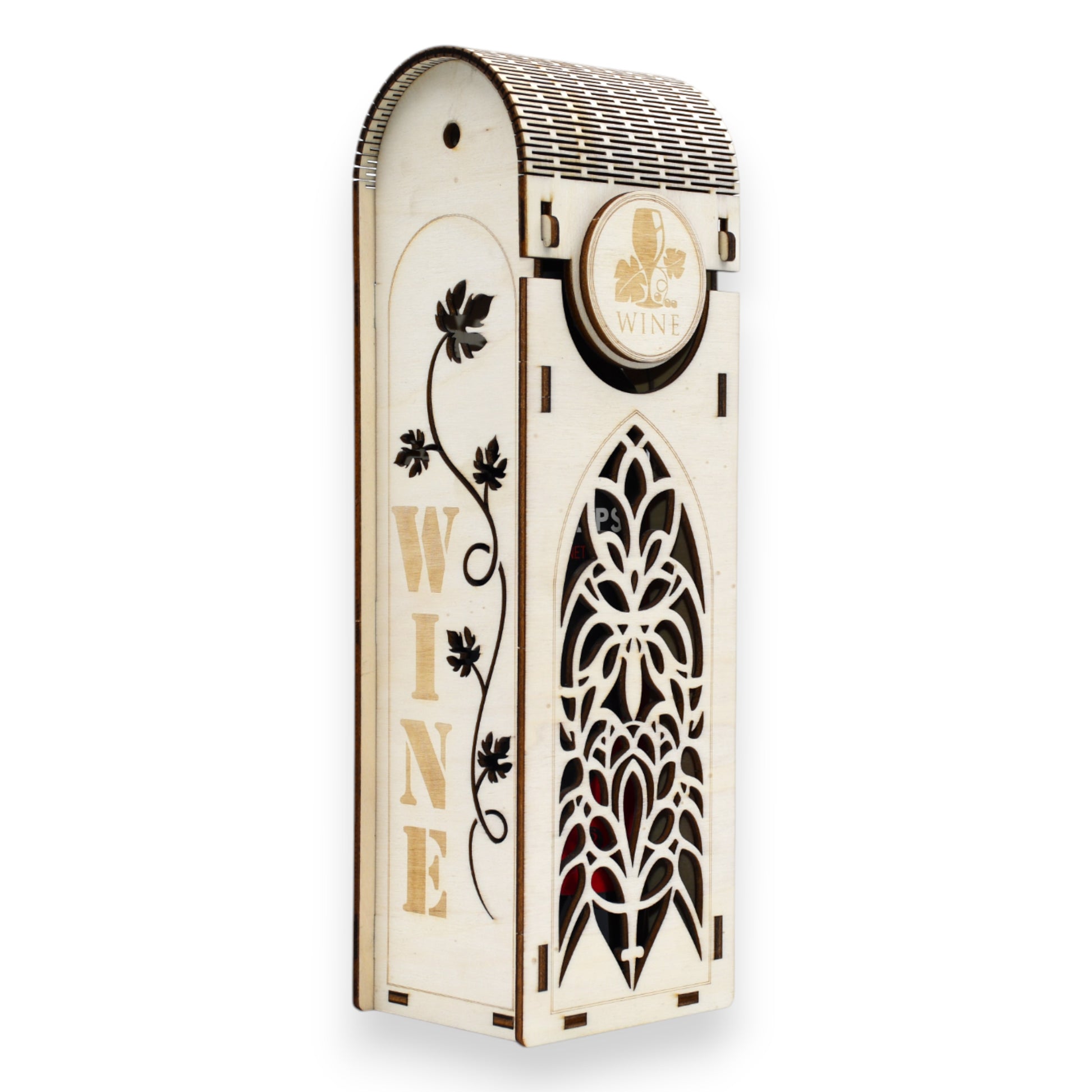 Cutie pentru cadou vin, din lemn natural, cu model decupat în stil gotic și design tematic viță de vie