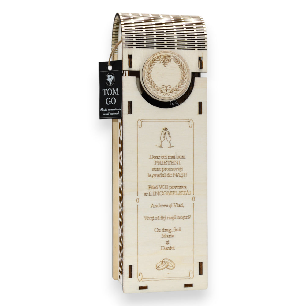 Cutie personalizată din lemn cu gravură pentru sticlă de vin, cadou invitație nași
