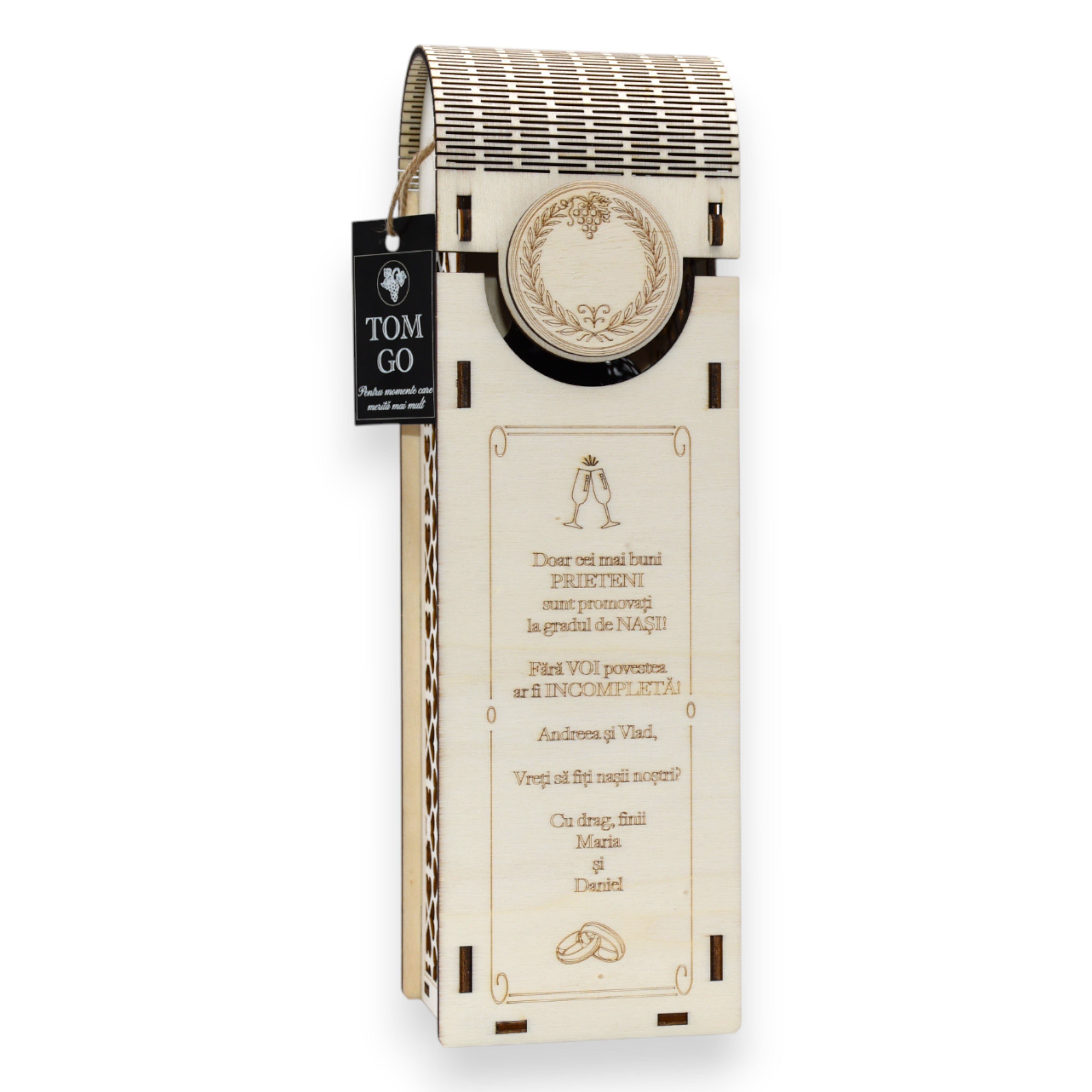 Cutie personalizată din lemn cu gravură pentru sticlă de vin, cadou invitație nași