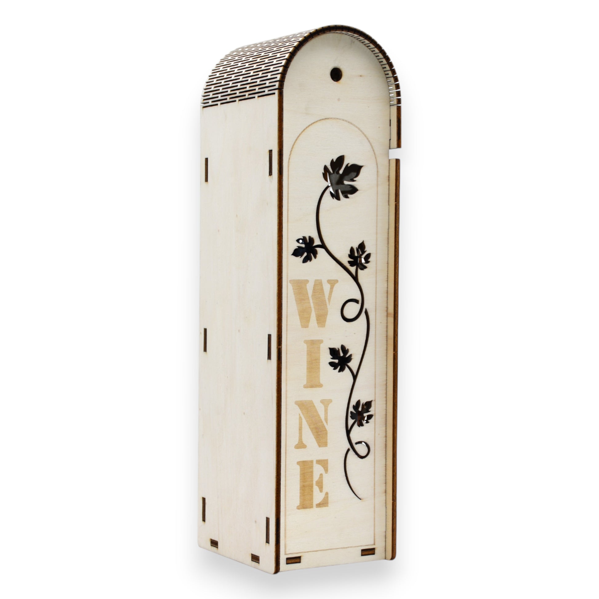 Spate cutie vin cu decor viță de vie și inscripție „WINE”, din lemn de plop, cu margini rotunjite
