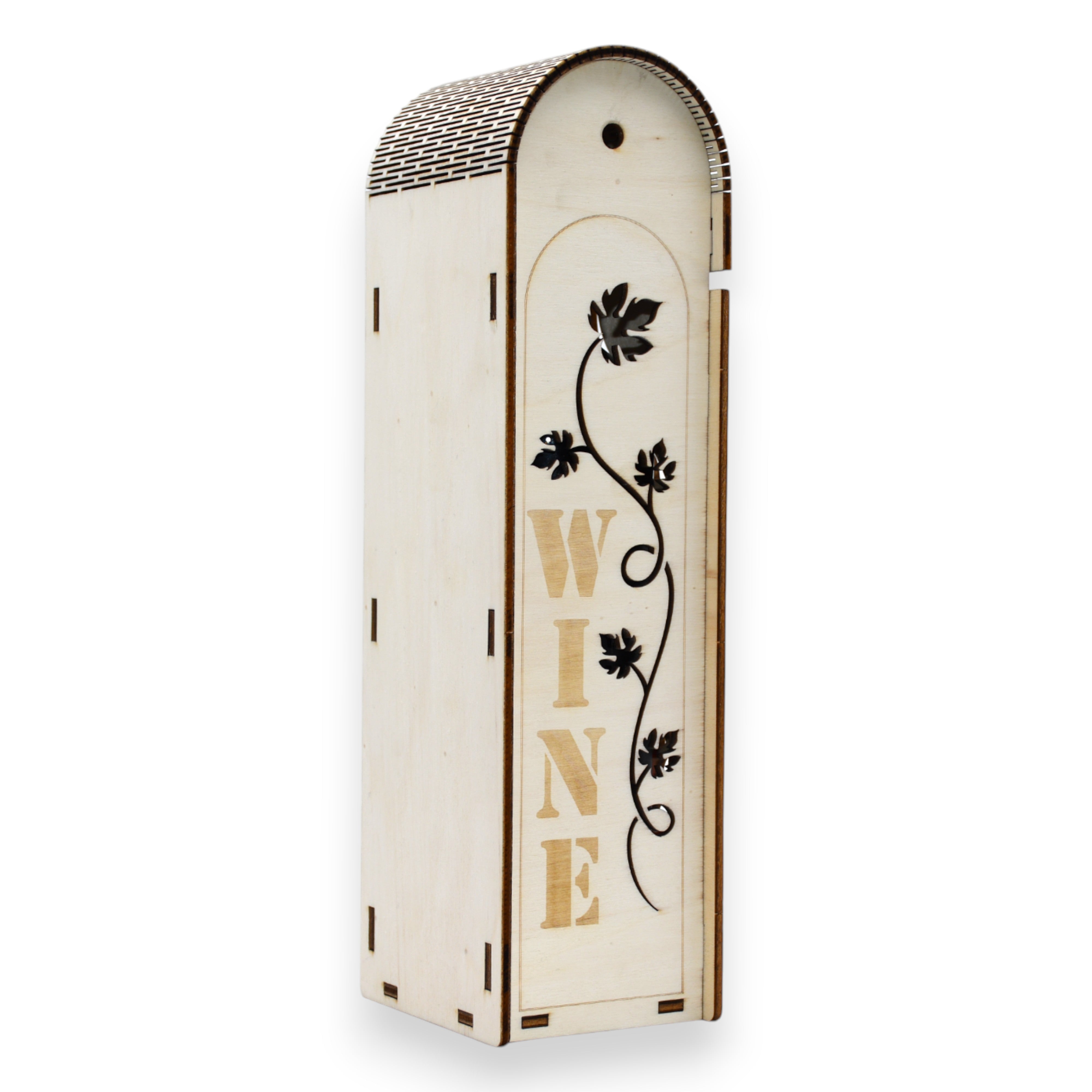 Spate cutie vin cu decor viță de vie și inscripție „WINE”, din lemn de plop, cu margini rotunjite