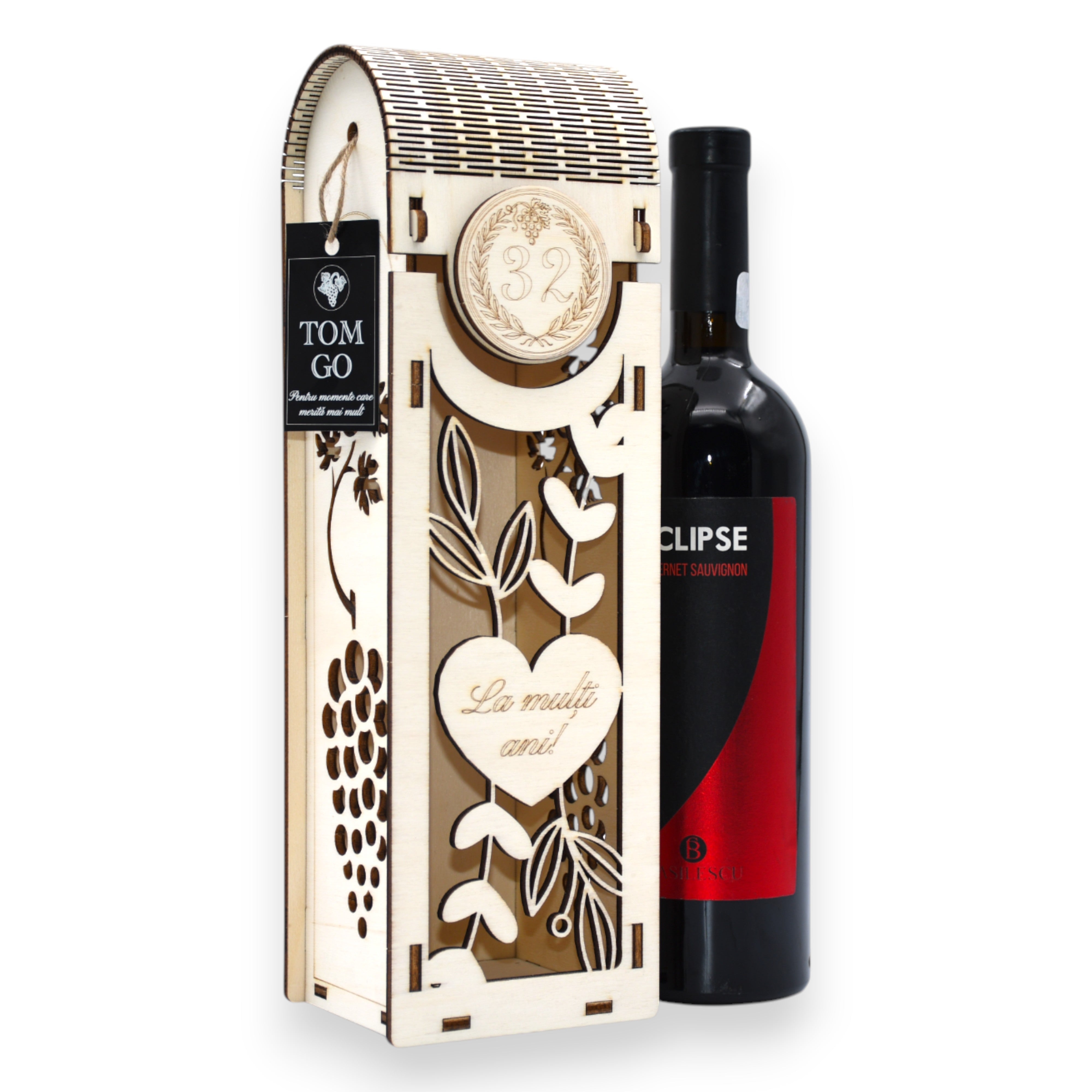 Cutie vin gravată “La mulți ani!” - motiv viță de vie & struguri