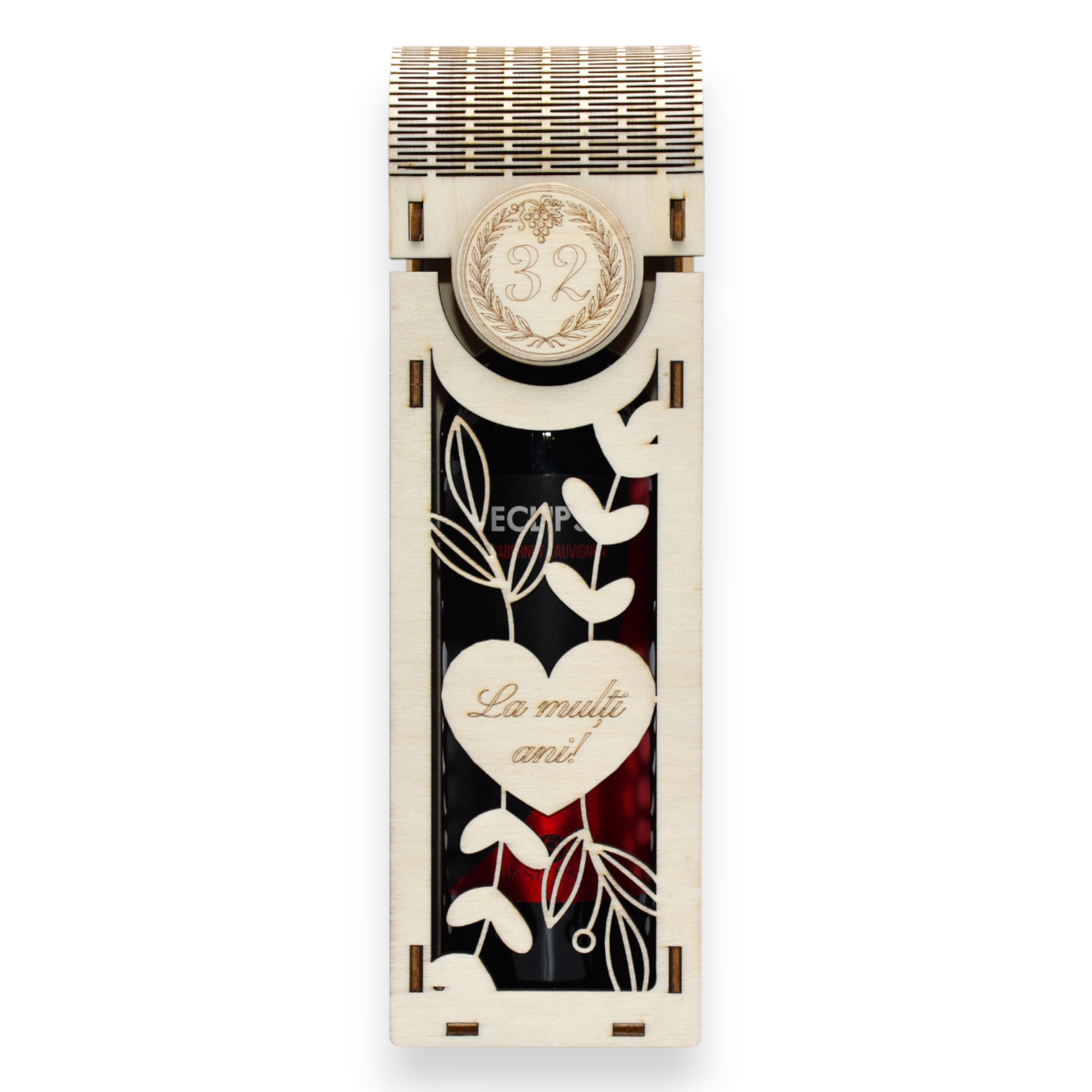 Cutie vin gravată “La mulți ani!” - motiv viță de vie & struguri