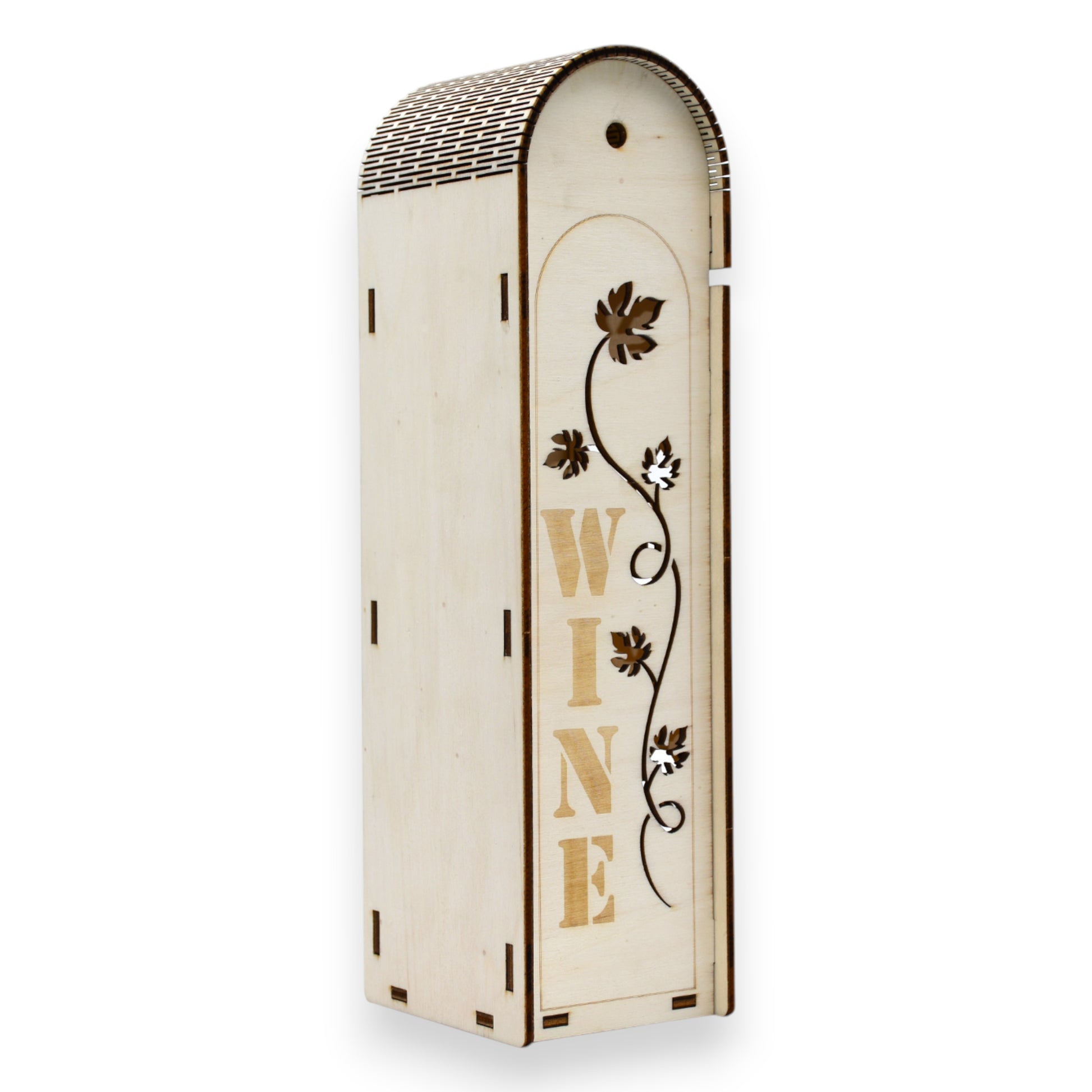 Cutie vin din lemn cu o singură latură decupată, gravură „WINE” și viță-de-vie, design elegant, cadou aniversar.