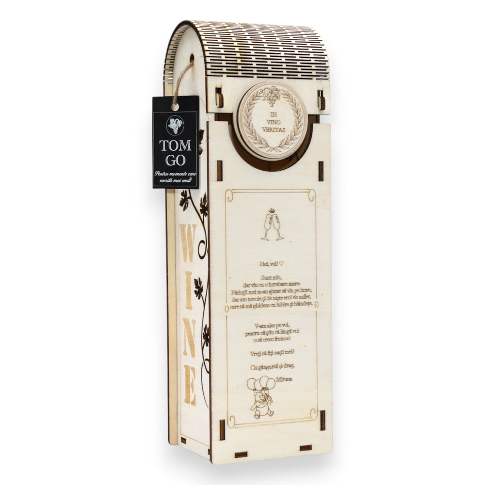 Cutie cadou vin din lemn, personalizată cu mesaj gravat și capac arcuit, ideală pentru ocazii speciale
