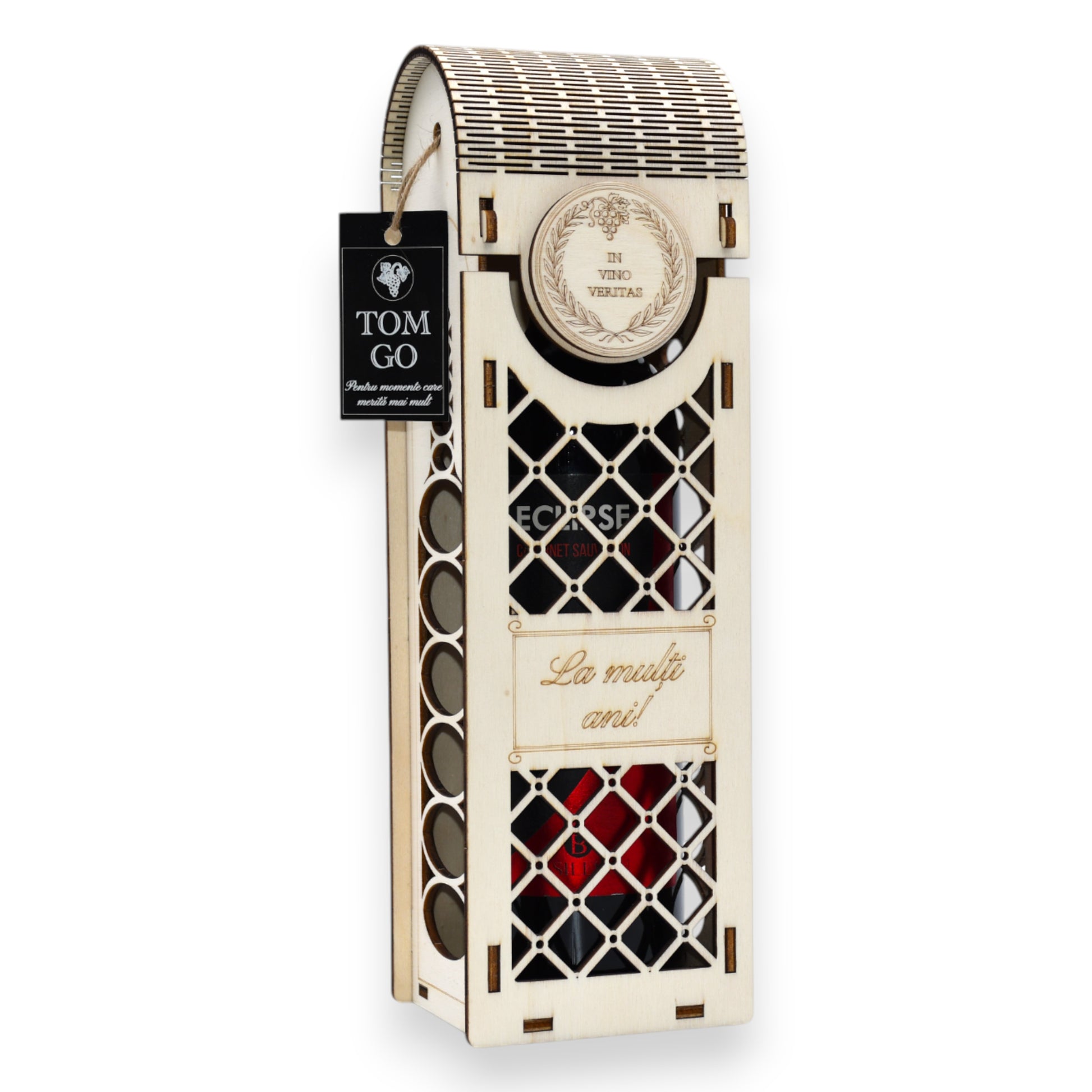 Ambalaj cadou elegant pentru vin cu motive romboidale și mesaj „La mulți ani!”