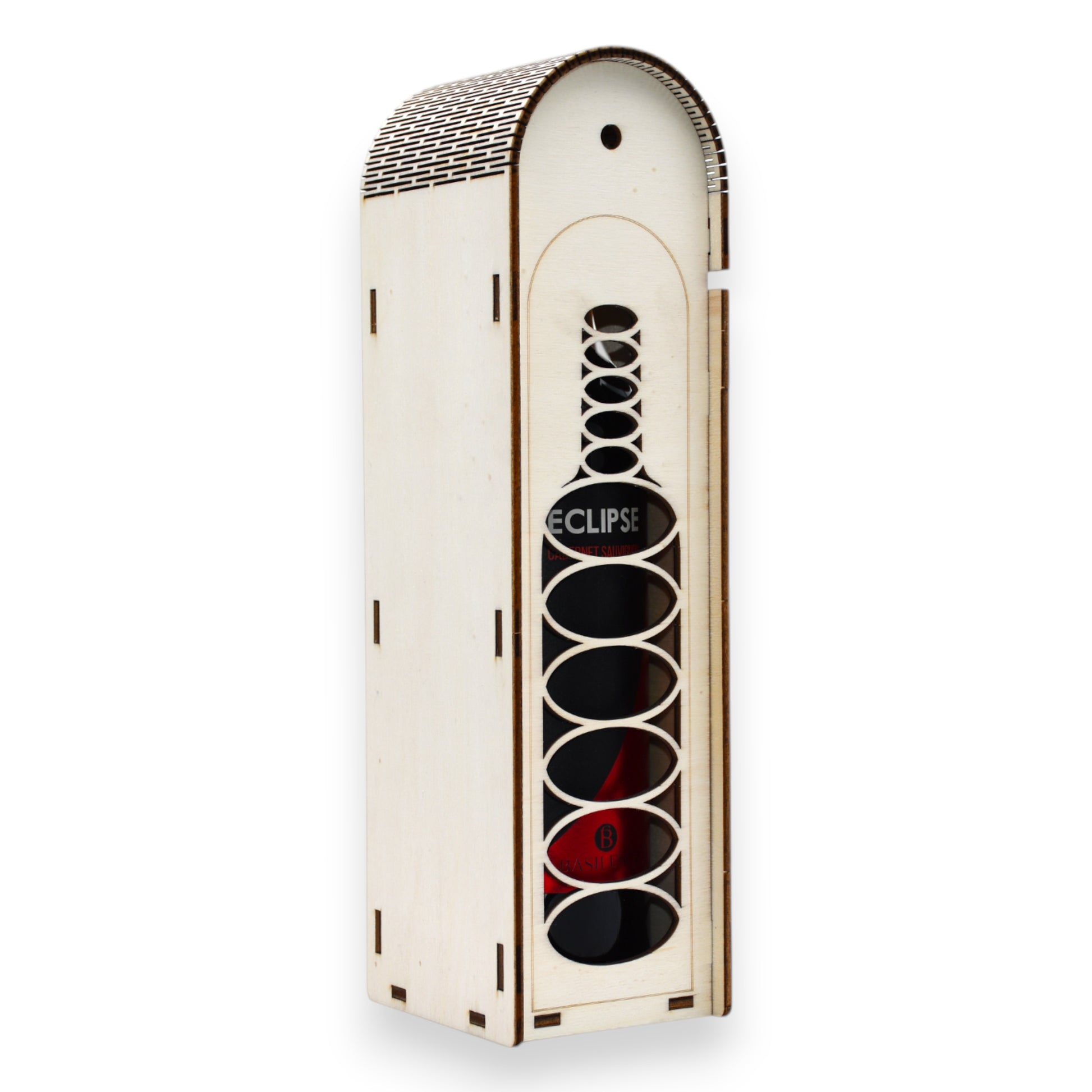 Cutie din lemn pentru vin, cu siluetă de sticlă și model cercuri decupate, gravată laser, design original.