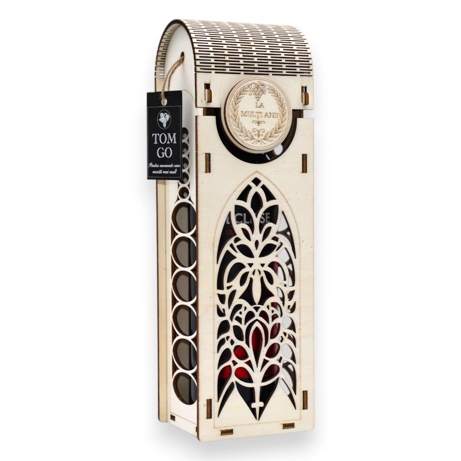 Cutie vin gravată „La mulți ani” cu model vitraliu floral și elemente decorative