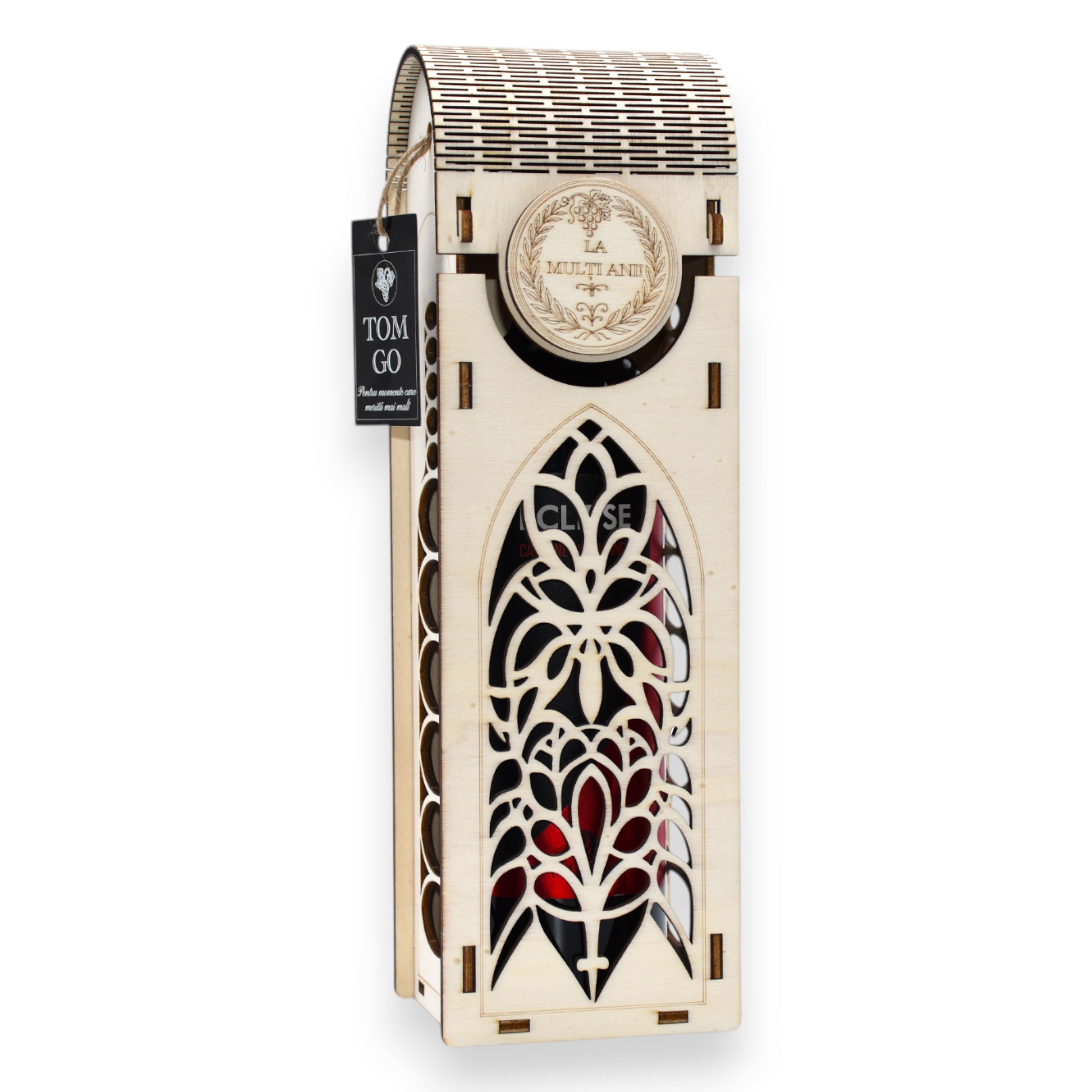 Cutie din lemn pentru sticlă de vin cu capac rotunjit și decupaje florale elegante
