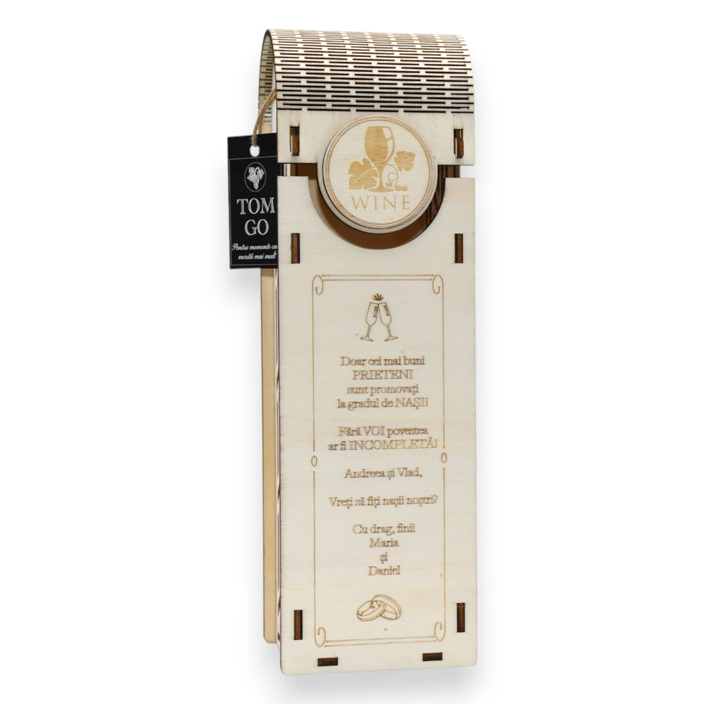 Cutie vin lemn cu gravură, design minimalist cu decupaje laterale moderne.