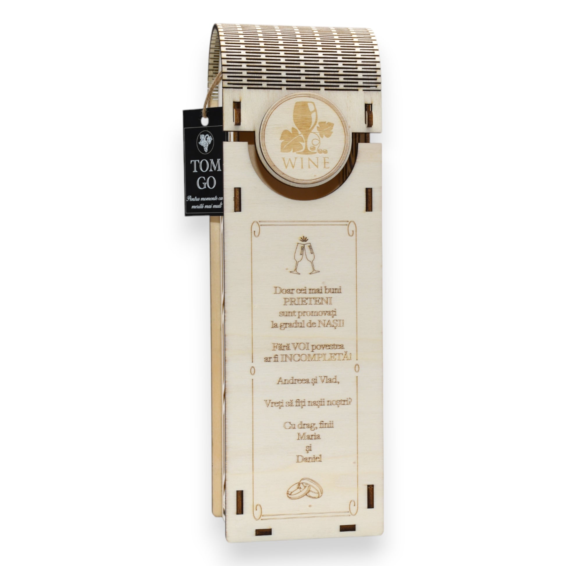 Cutie vin lemn cu gravură, design minimalist cu decupaje laterale moderne.