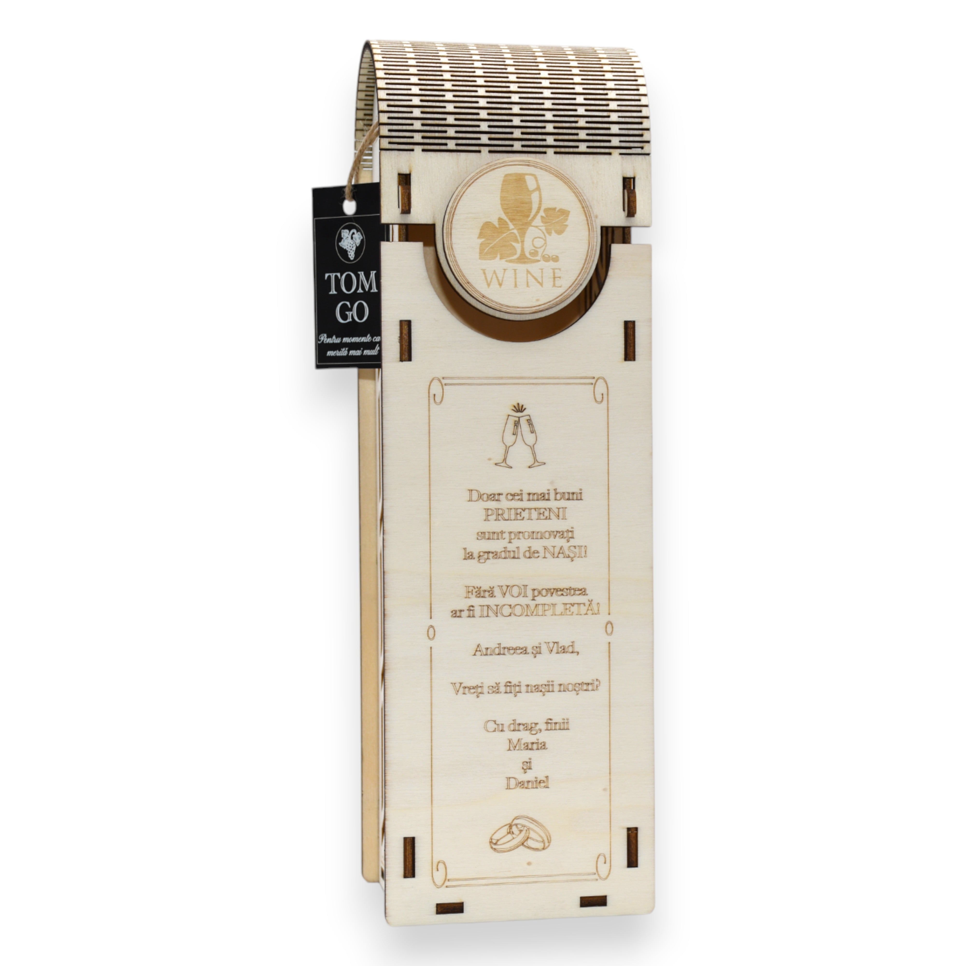 Cutie vin lemn cu gravură, design minimalist cu decupaje laterale moderne.